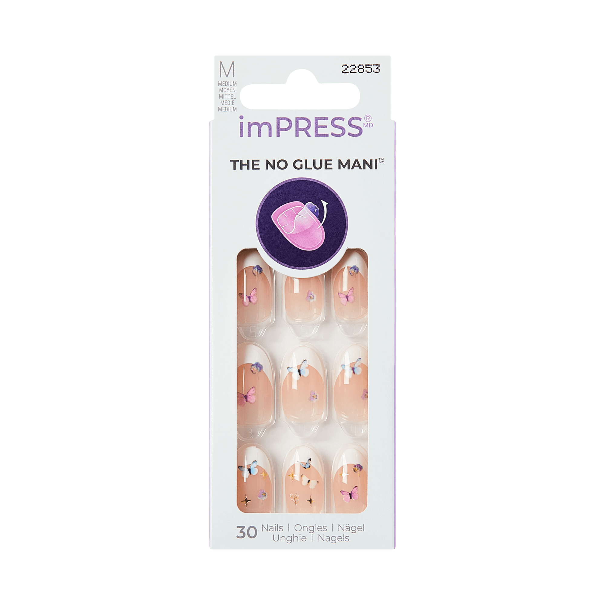 imPRESS The No Glue Mani press-on nails, medium size, 30 nails with butterfly design
