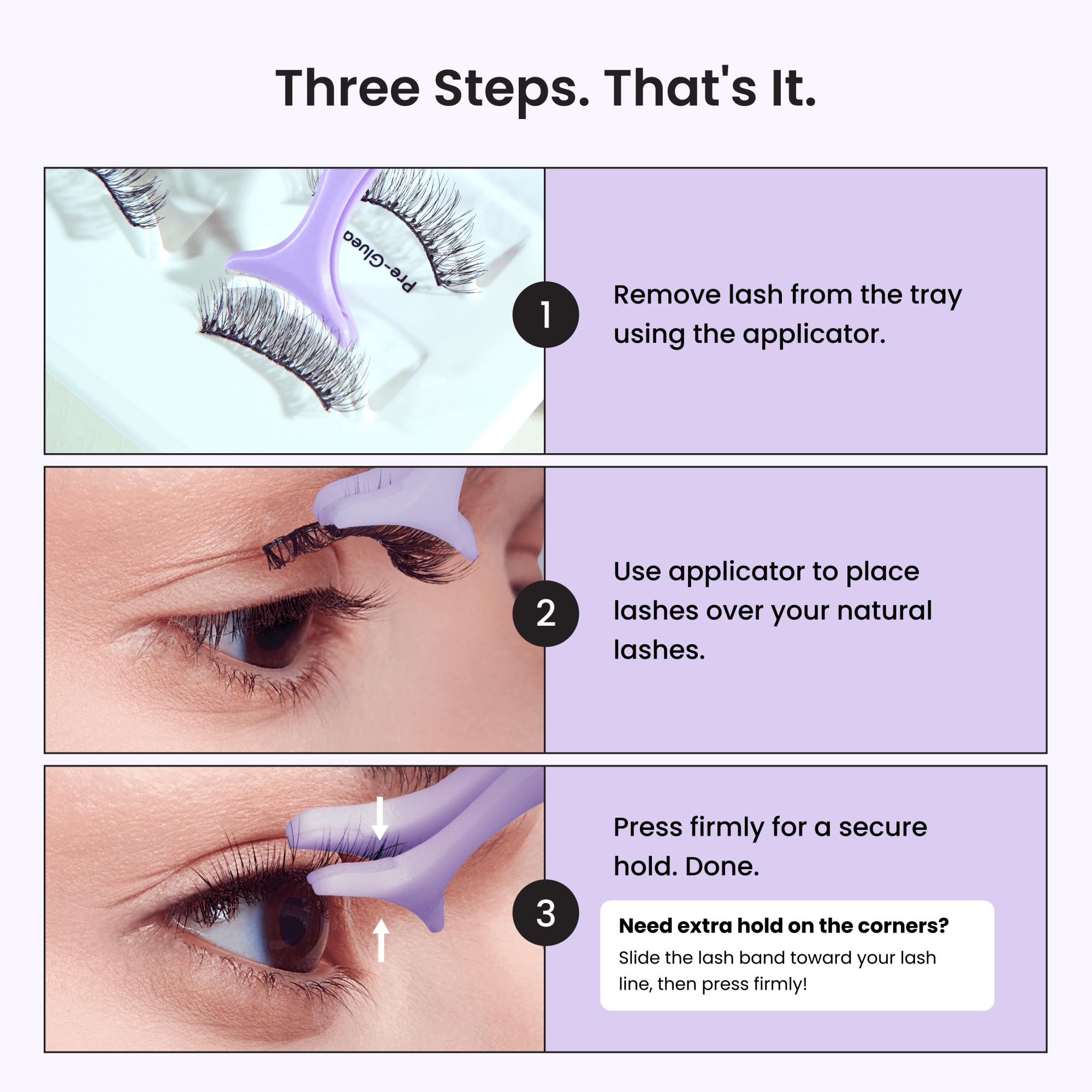 Step-by-step guide on applying false eyelashes with illustrations and text.
