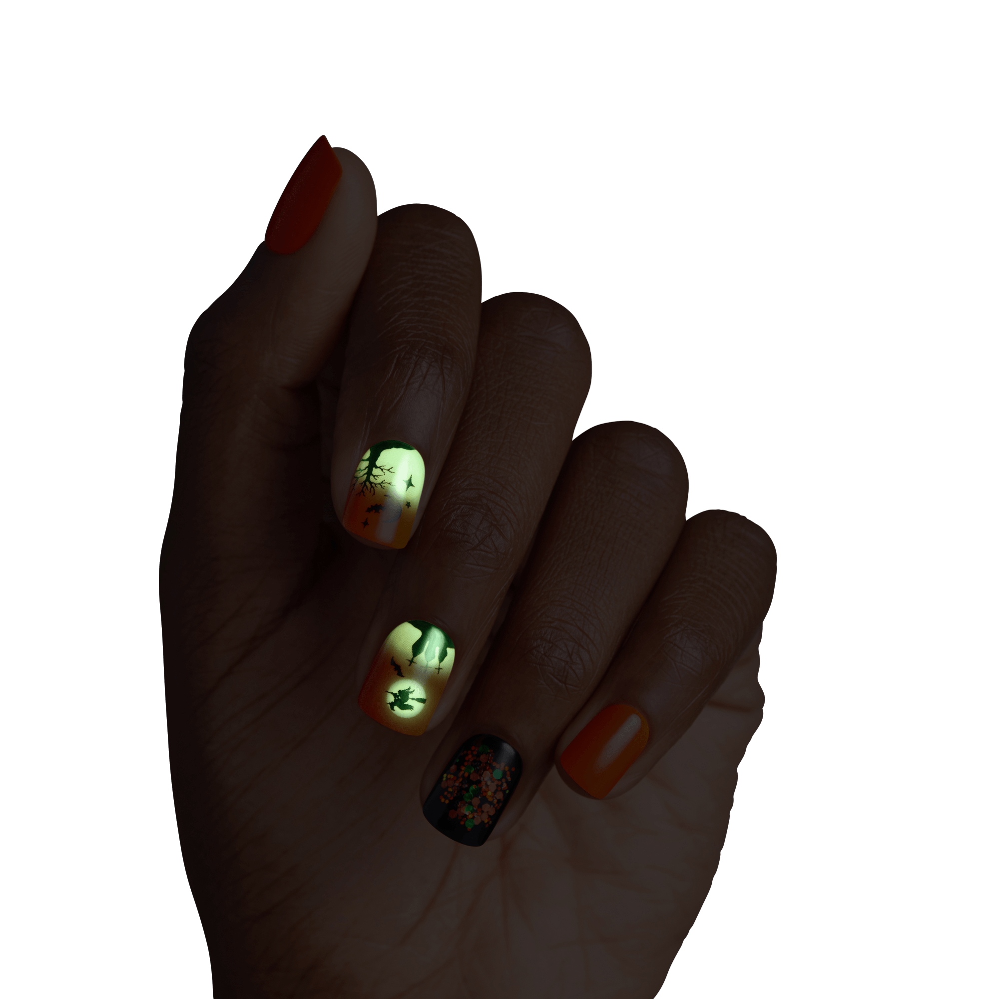 Impress Design Halloween No Glue Fake Press On Nails - Eternal Night | Design, Orange & Black, Short, Squoval, Glow In The Dark, Manicure