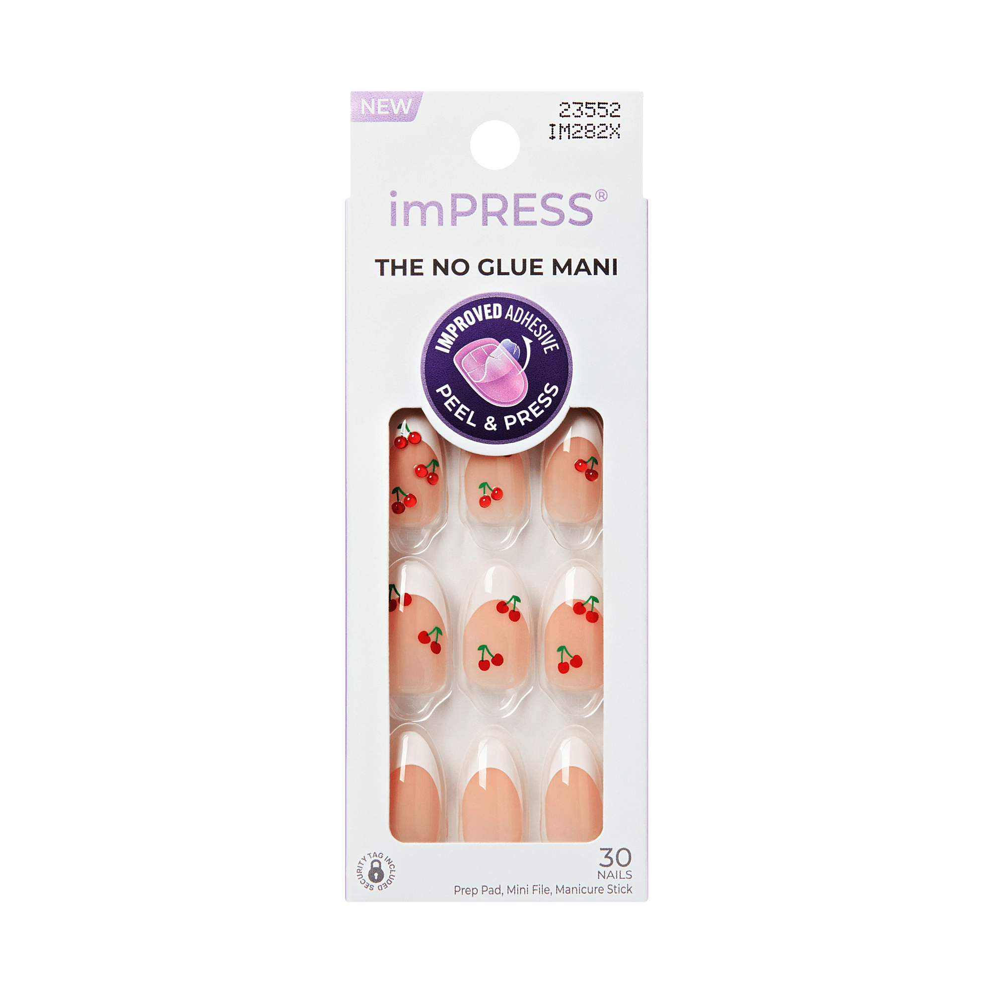 imPRESS no glue mani packaging with cherry design on a green background