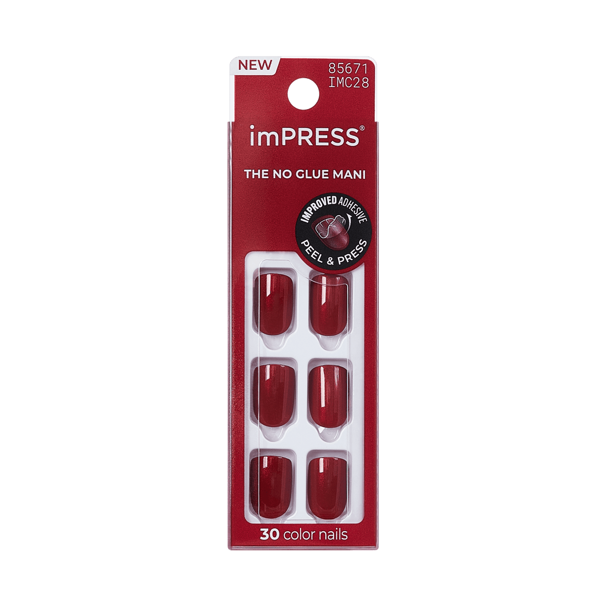 Impress Color No Glue Fake Press On Nails - Red Velvet | Solid, Red, Short, Squoval, Manicure