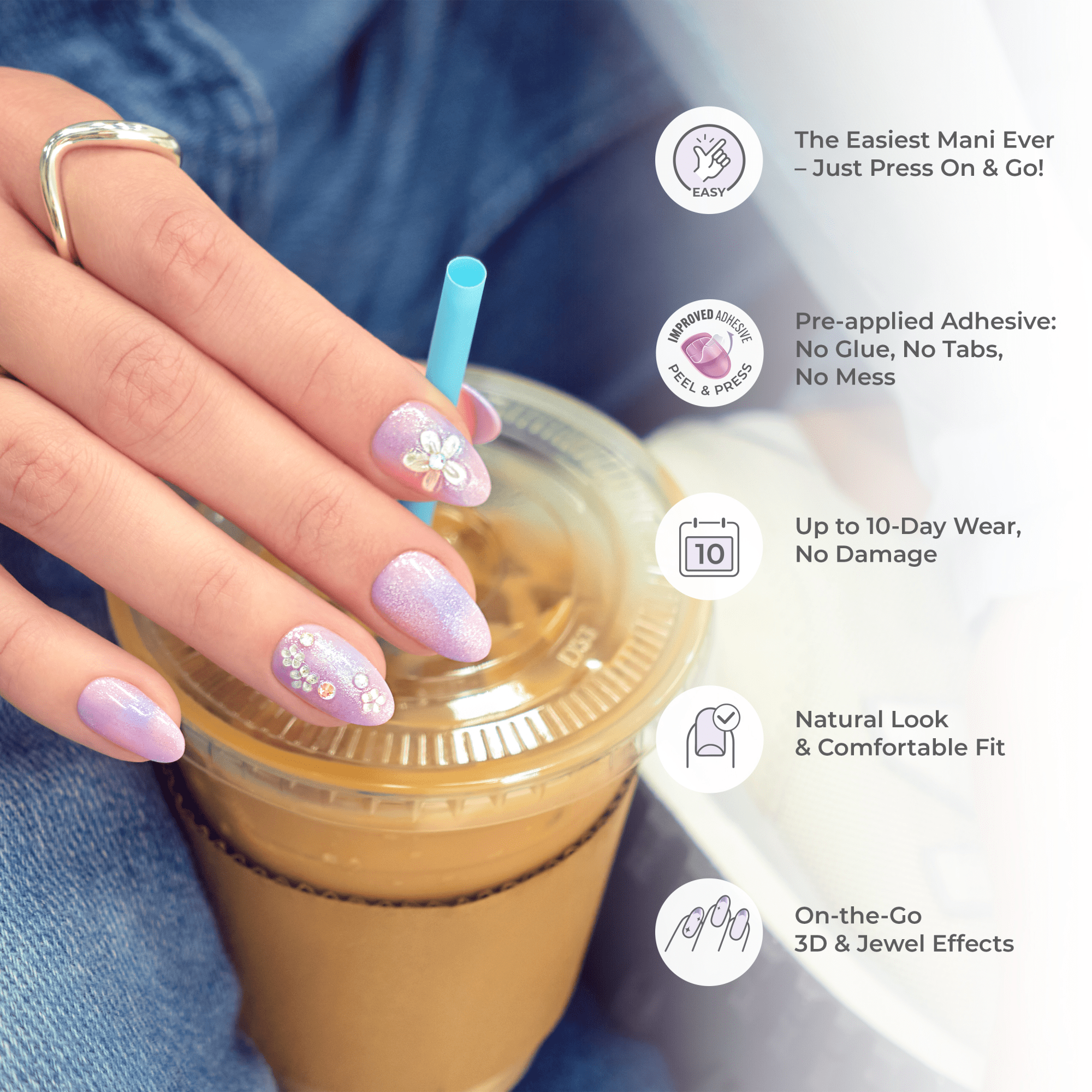 Impress Premium No Glue Fake Press On Nails - No Tears | French Design, White & Gold, Medium, Almond, Manicure