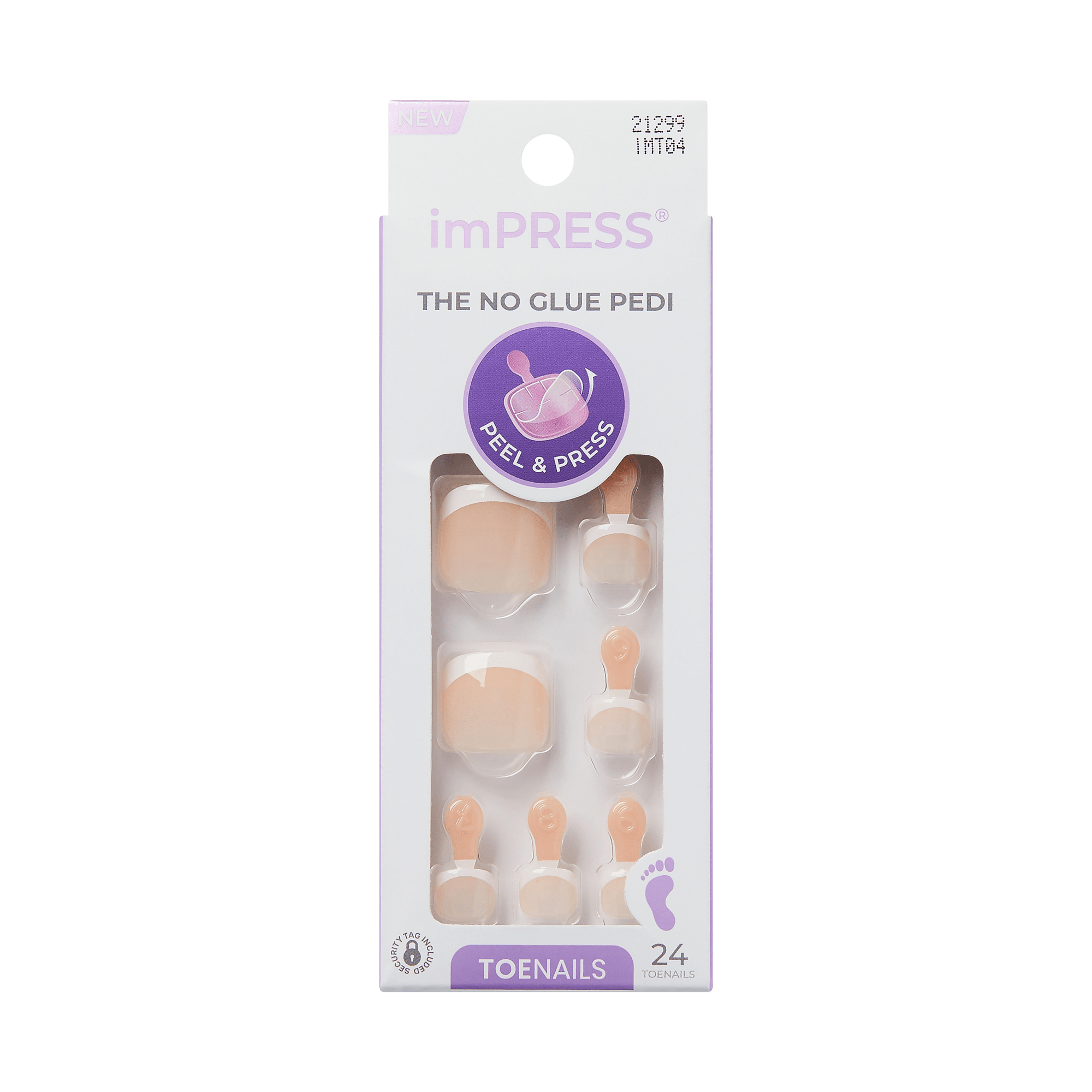 The image features a packaging for imPRESS Toenails, labeled "THE NO GLUE PEDI." The package contains 24 toenail pieces designed for easy application without glue. The toenails are presented in a natural, nude color, and the packaging includes a clear window showcasing the product. The design is simple and modern, with a focus on convenience and ease of use.