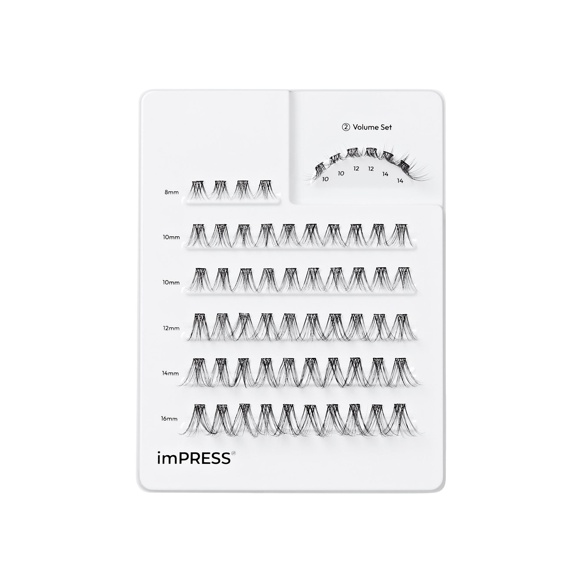imPRESS Volume Set lash clusters in 8mm-16mm lengths with application guide.