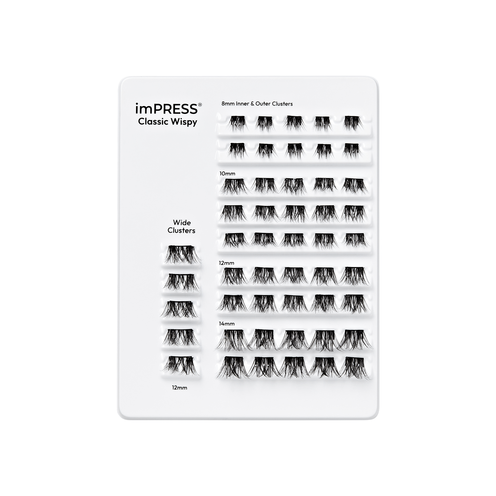 imPRESS Classic Wispy lash cluster swatch display chart showing multiple sizes and styles
