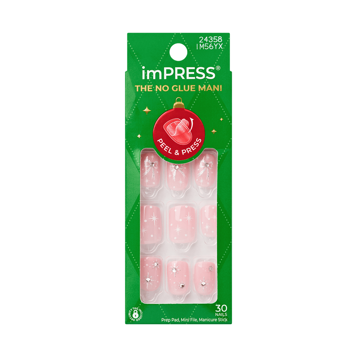 Impress Design Holiday No Glue Fake Press On Nails - Opulent Glow | 3D & Jewel Design, Pink, Short, Squoval, Manicure
