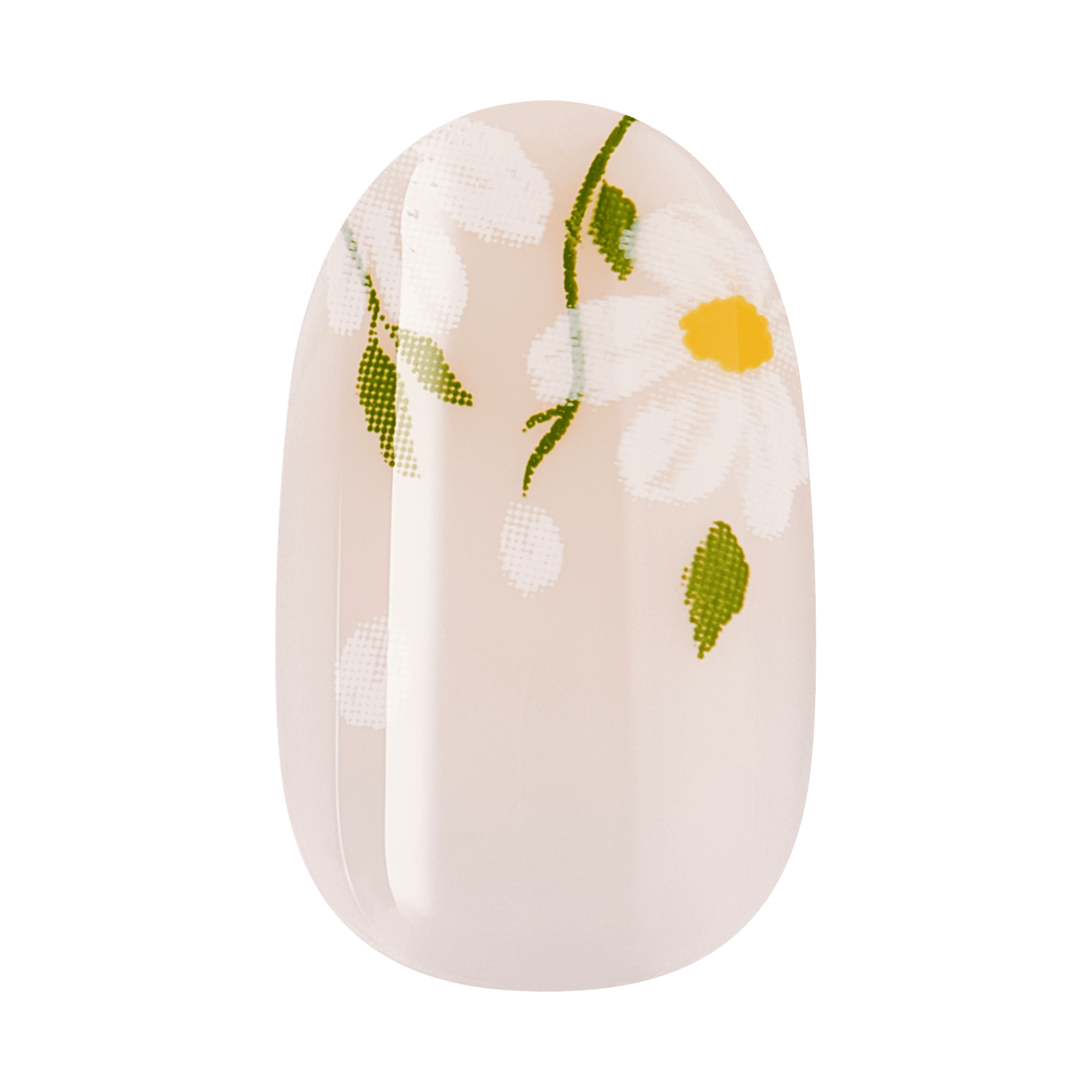 Oval nail design with white petals, green leaves, and yellow center on nude base.