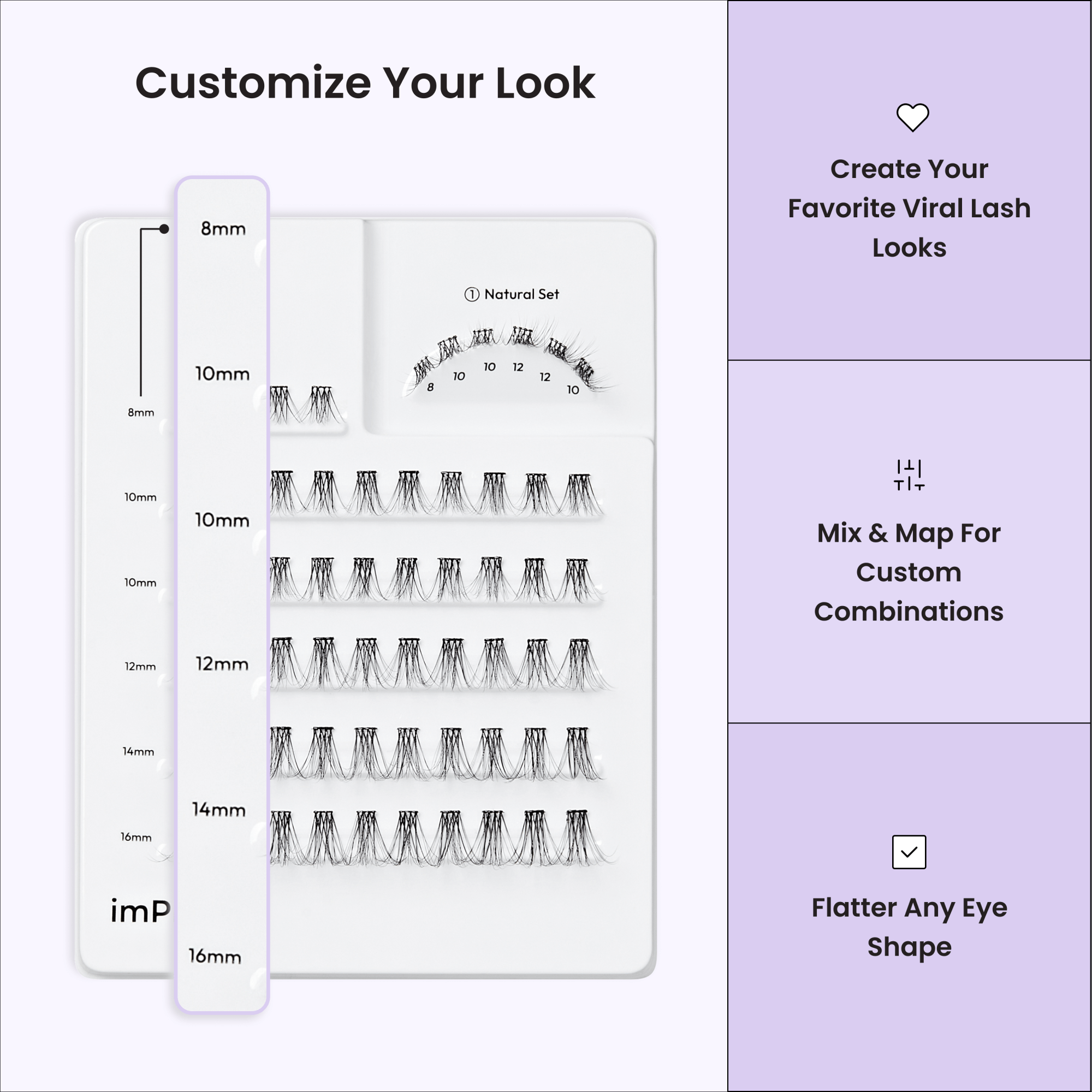 Eyelash extension kit with measurement guide and customization options on a white background