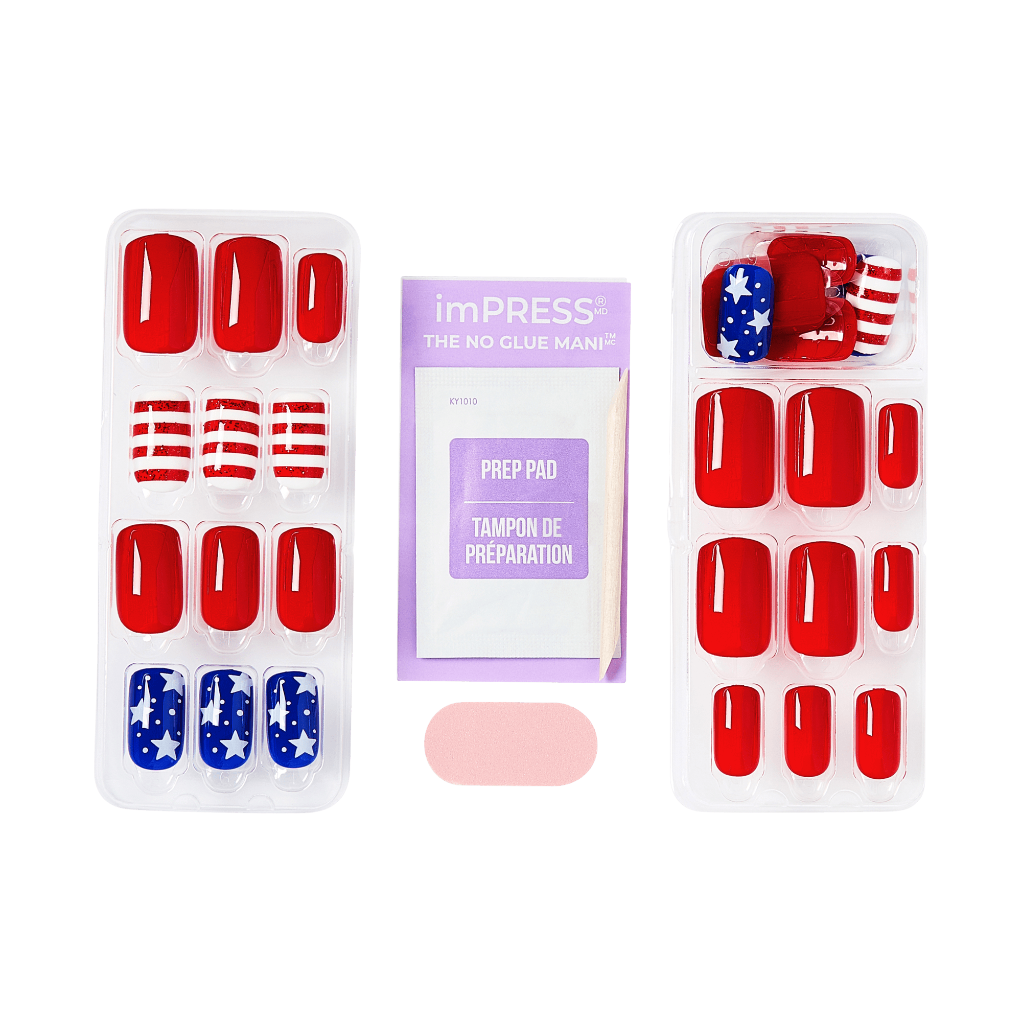 Set of red and blue nail wraps with a preparation pad