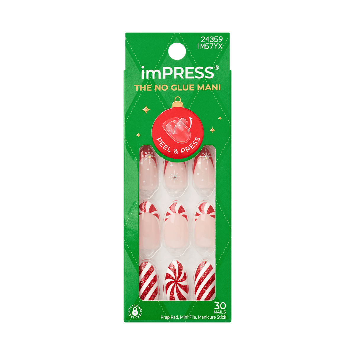 Impress Design Holiday No Glue Fake Press On Nails - Jingle Glow | French Design, Red & White, Medium, Almond, Manicure