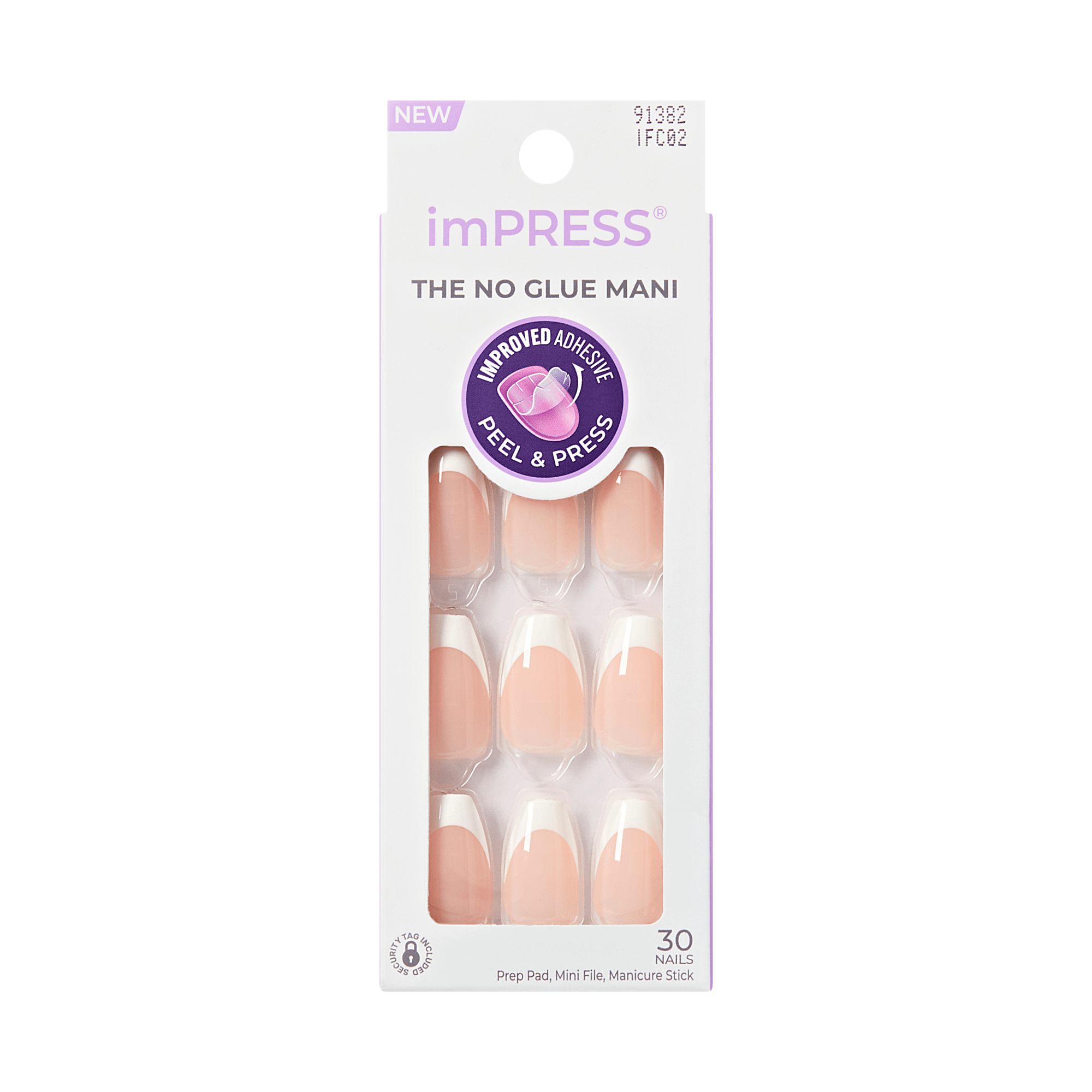 Impress French No Glue Fake Press On Nails - Ideal | French Tips, White & Neutral, Medium, Coffin, Manicure