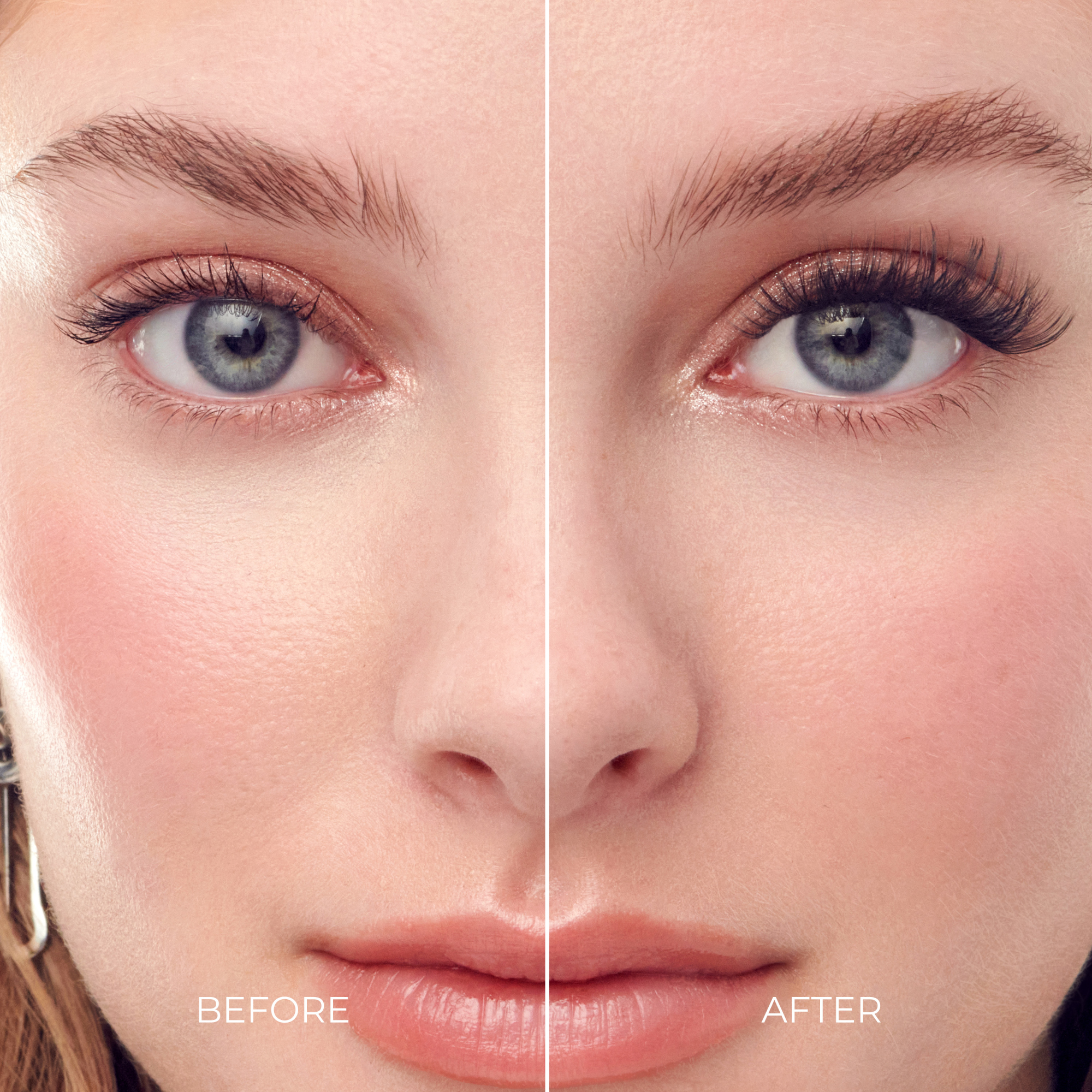 Before and after makeup comparison showing eyebrow and eye enhancement.