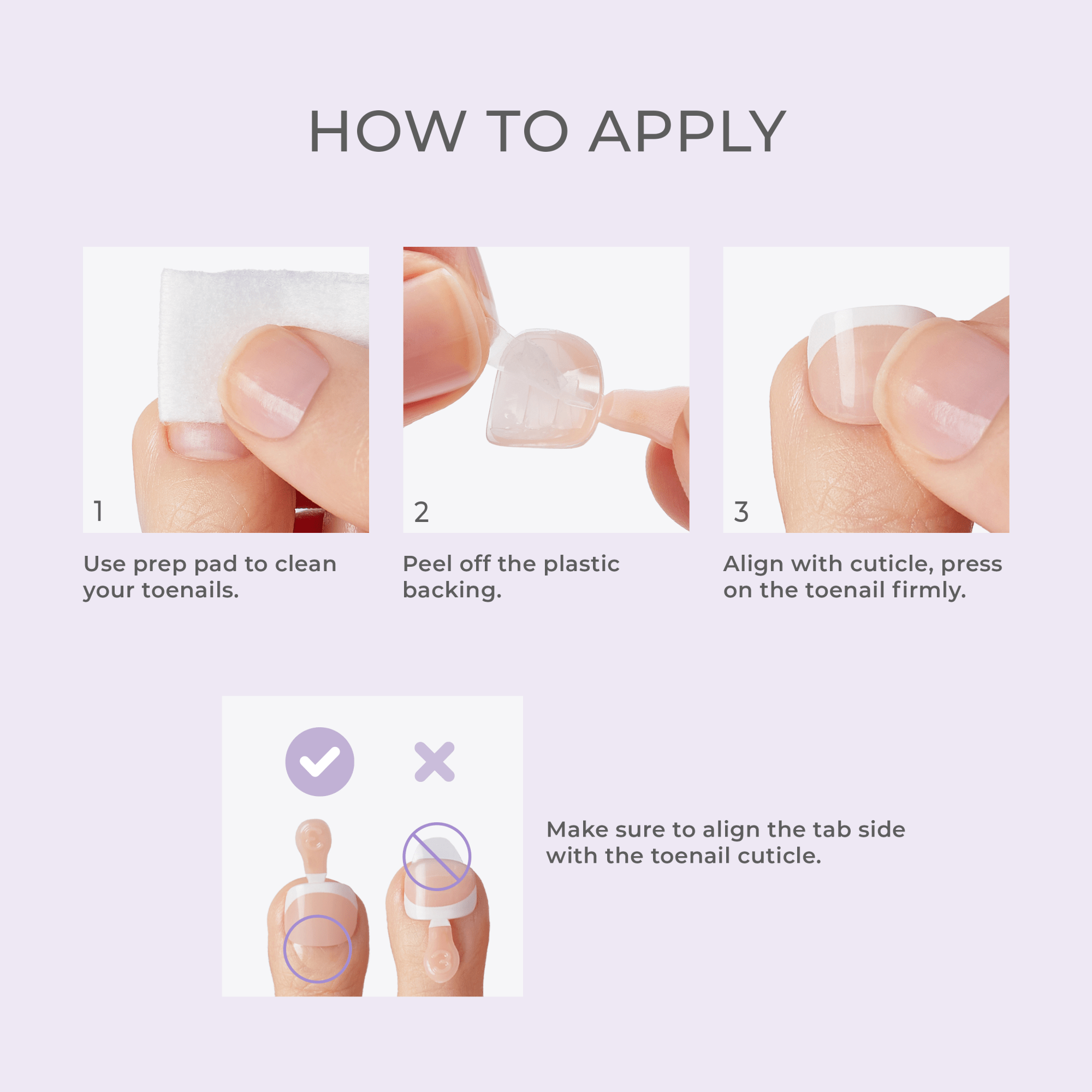 Instructions for applying toenail polish strips in 3 steps with alignment guide.