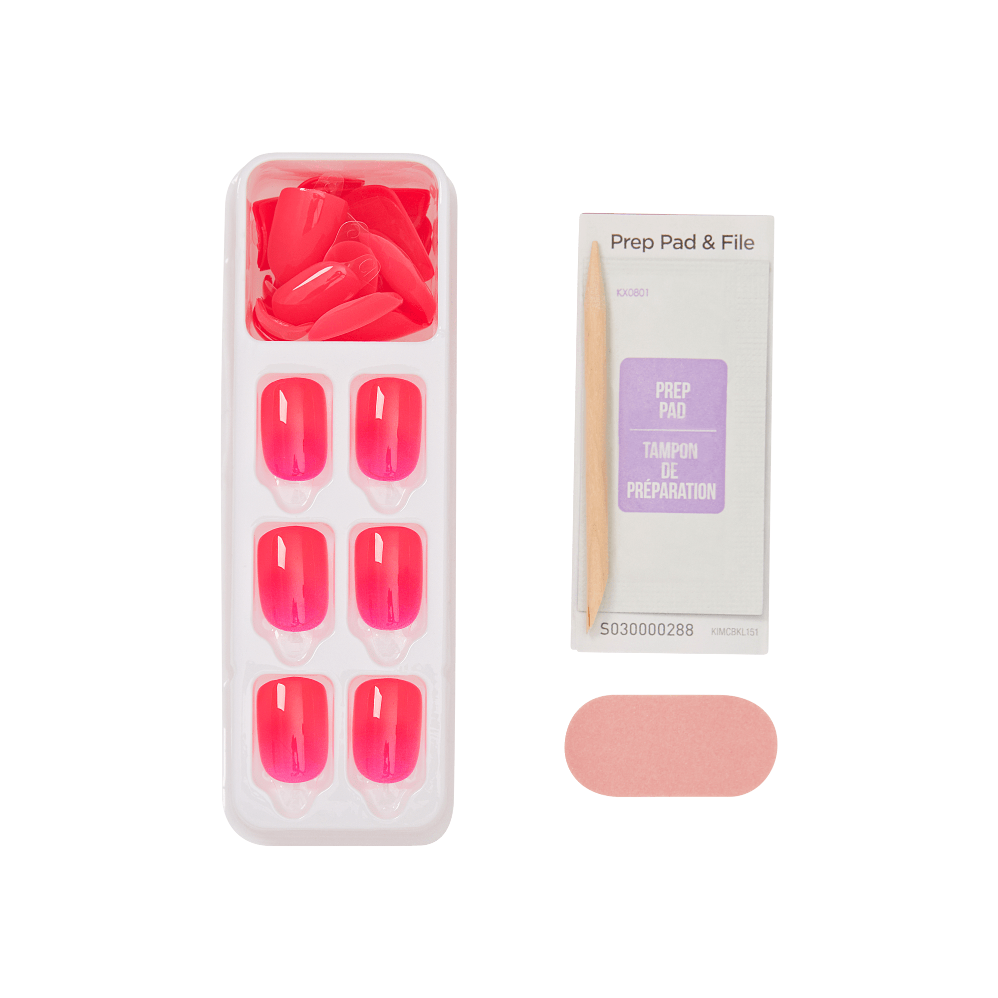 Set of pink nail chips in a container with a prep pad and file on a transparent background