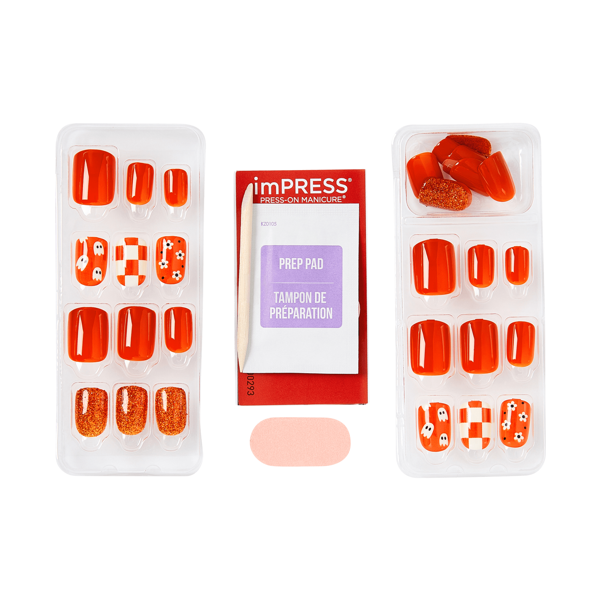 Impress Design Halloween No Glue Fake Press On Nails - Fangs Out | Design, Orange, Short, Squoval, Glow In The Dark, Manicure