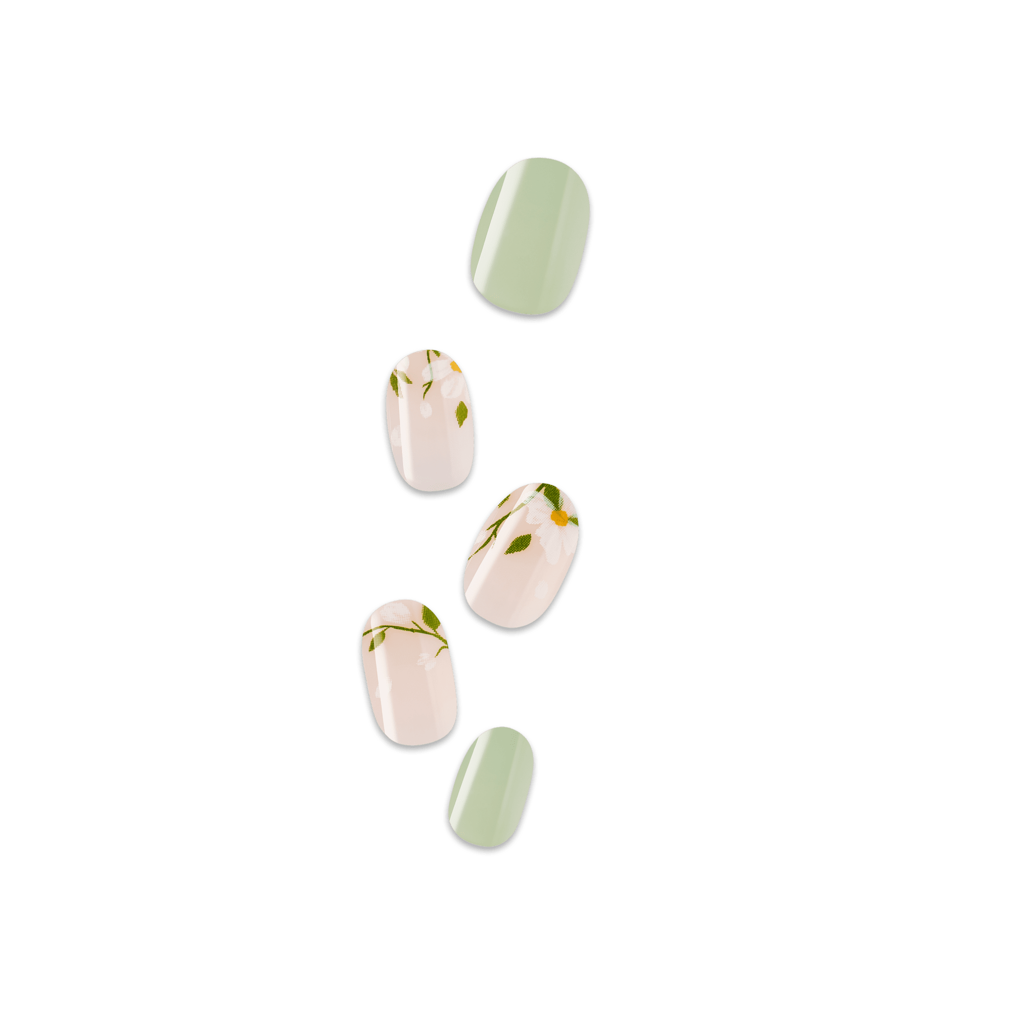 Five nail polish swatches: soft green and pale pink nails with floral leaf designs.