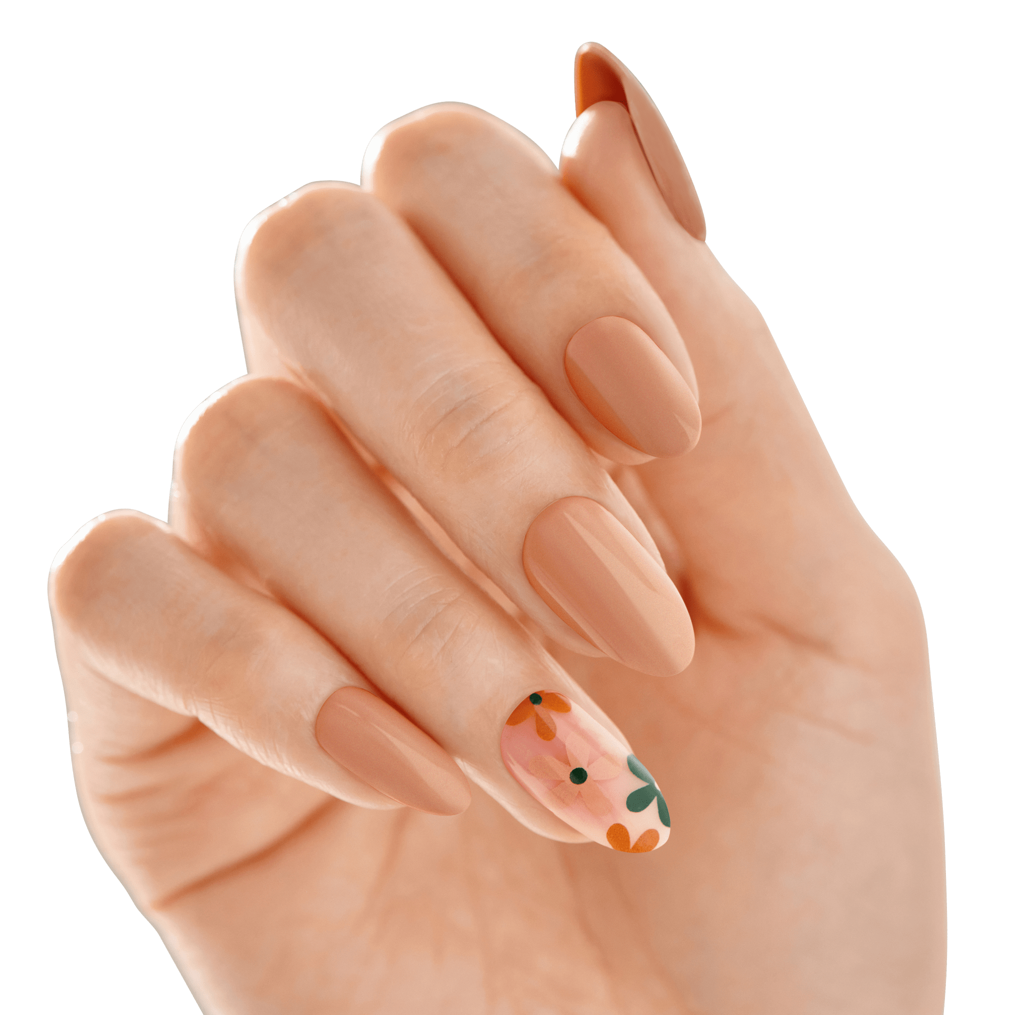 The image shows a close-up of a hand with manicured nails. The nails are almond-shaped and painted in a nude, peachy color. The ring finger features a decorative design with small, colorful flowers in shades of orange, green, and yellow, adding a playful and artistic touch to the otherwise simple and elegant manicure. The background is blurred, keeping the focus on the well-groomed nails.
