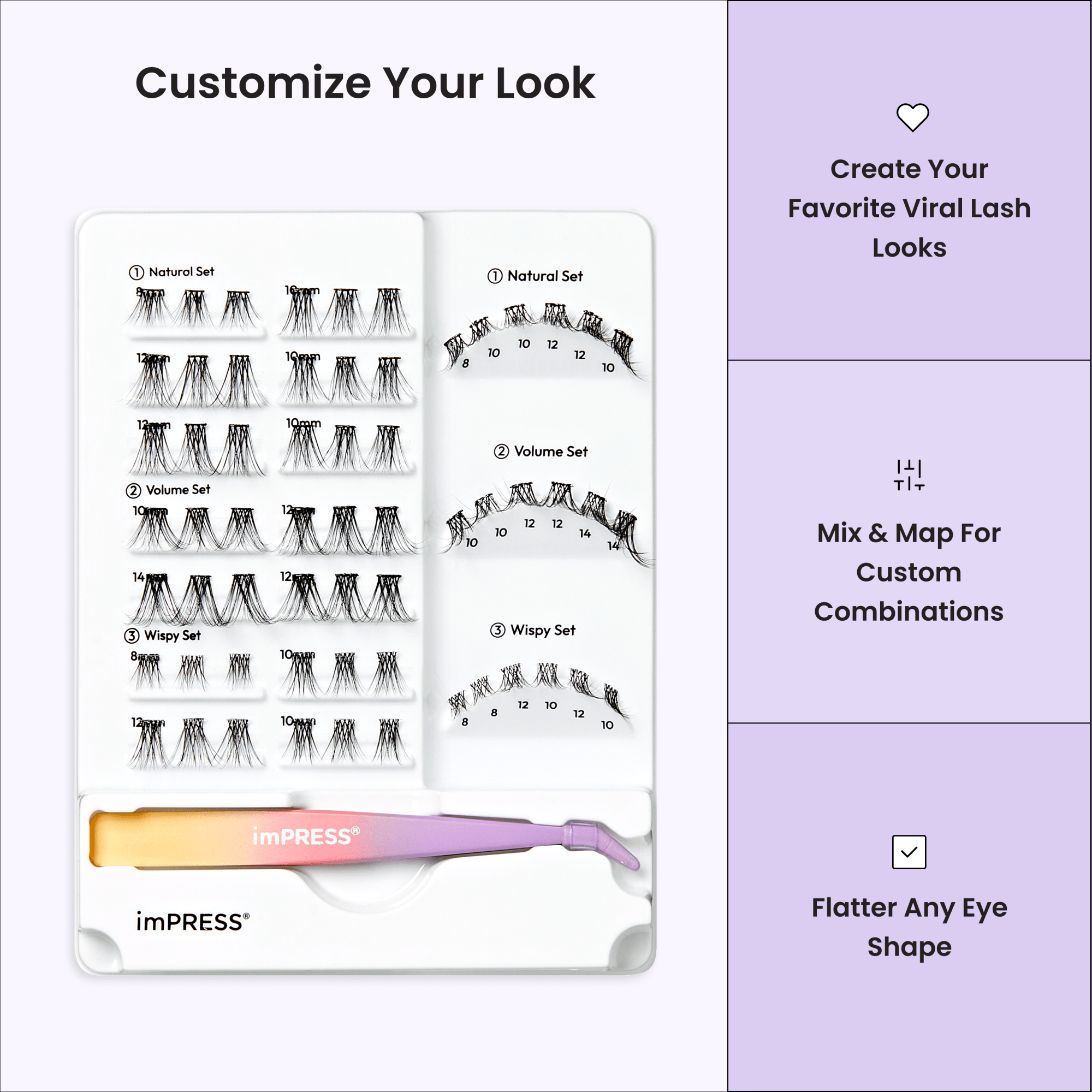 Eyelash extension set with tools and customization options on a white background