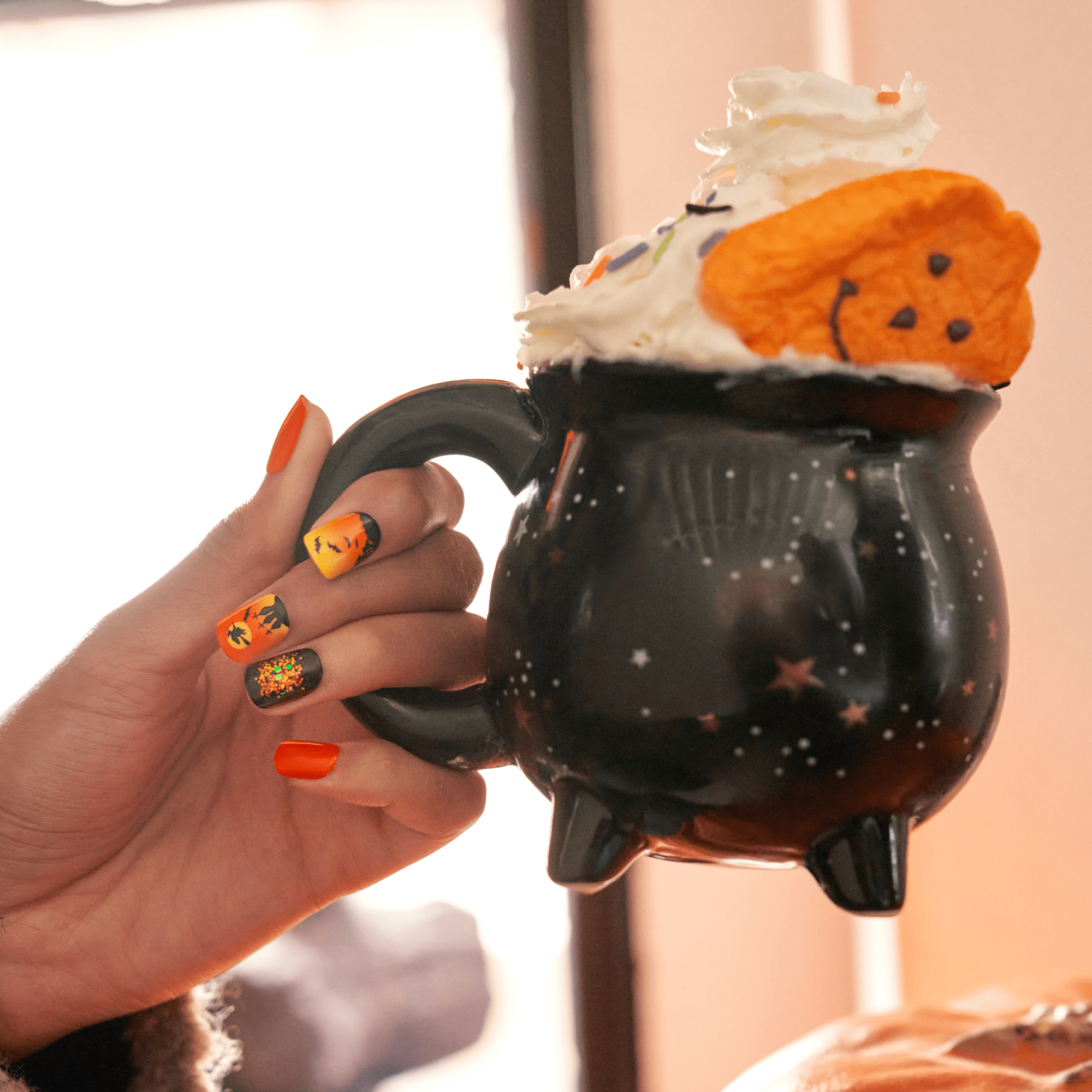 Impress Design Halloween No Glue Fake Press On Nails - Eternal Night | Design, Orange & Black, Short, Squoval, Glow In The Dark, Manicure