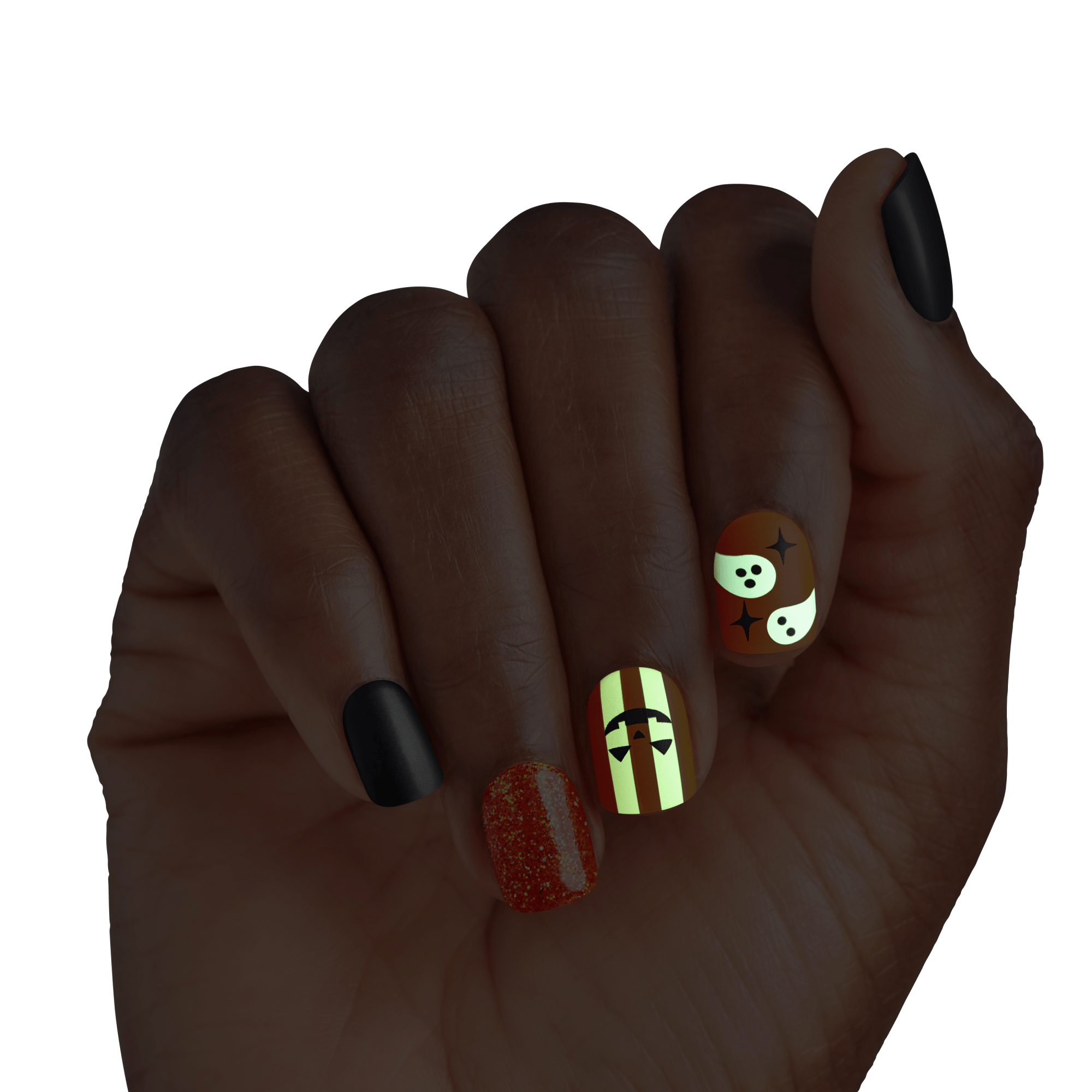 Impress Design Halloween No Glue Fake Press On Nails - Dead Glam | Design, Orange & Black, Short, Squoval, Glow In The Dark, Manicure