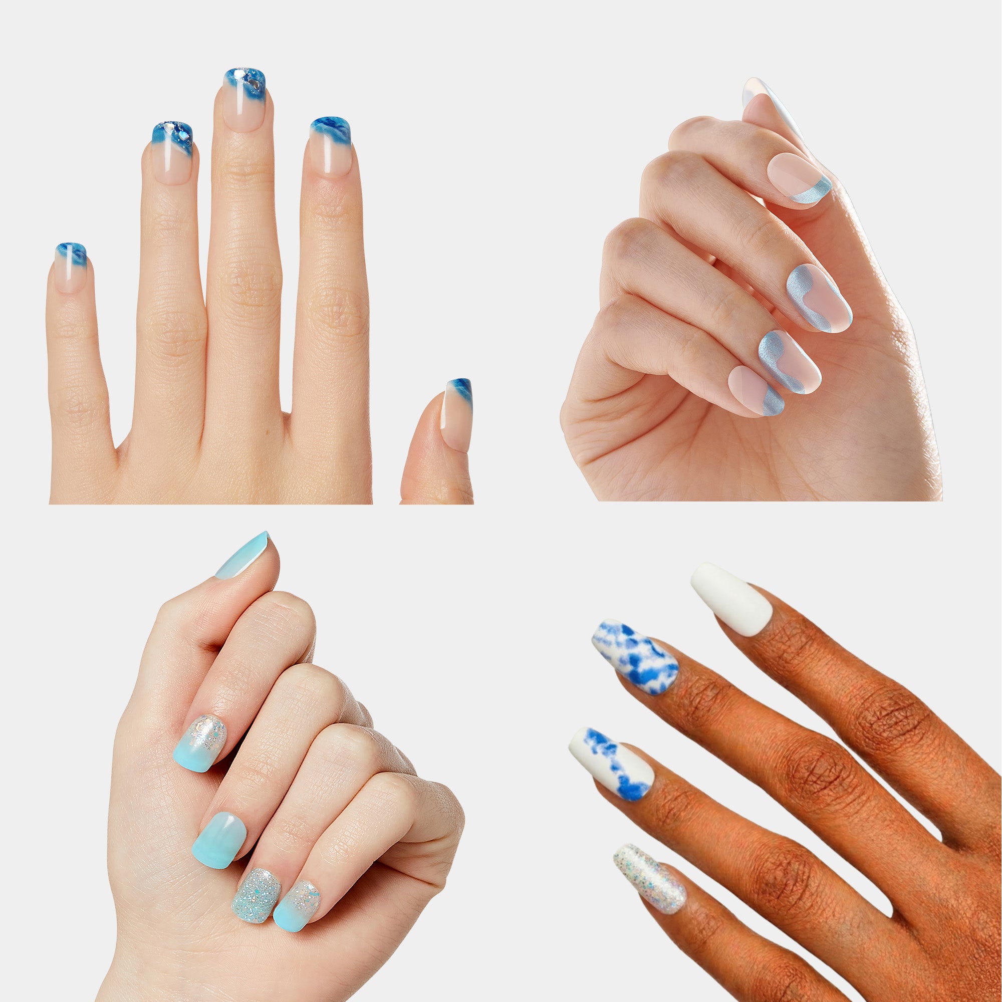 Four nail art designs featuring blue and white manicures on different hand poses and skin tones.