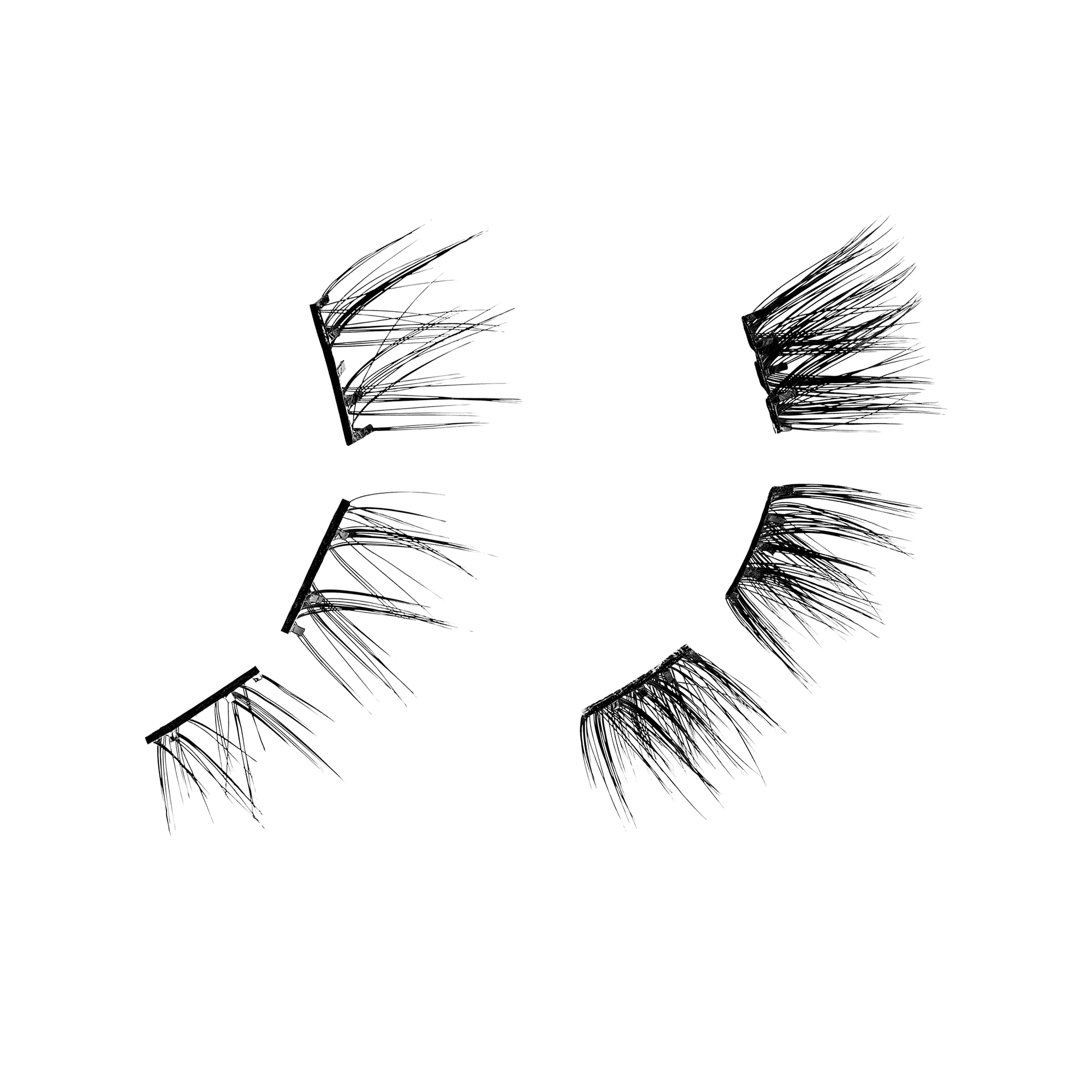 Four pairs of false eyelashes displayed in varying styles and densities.