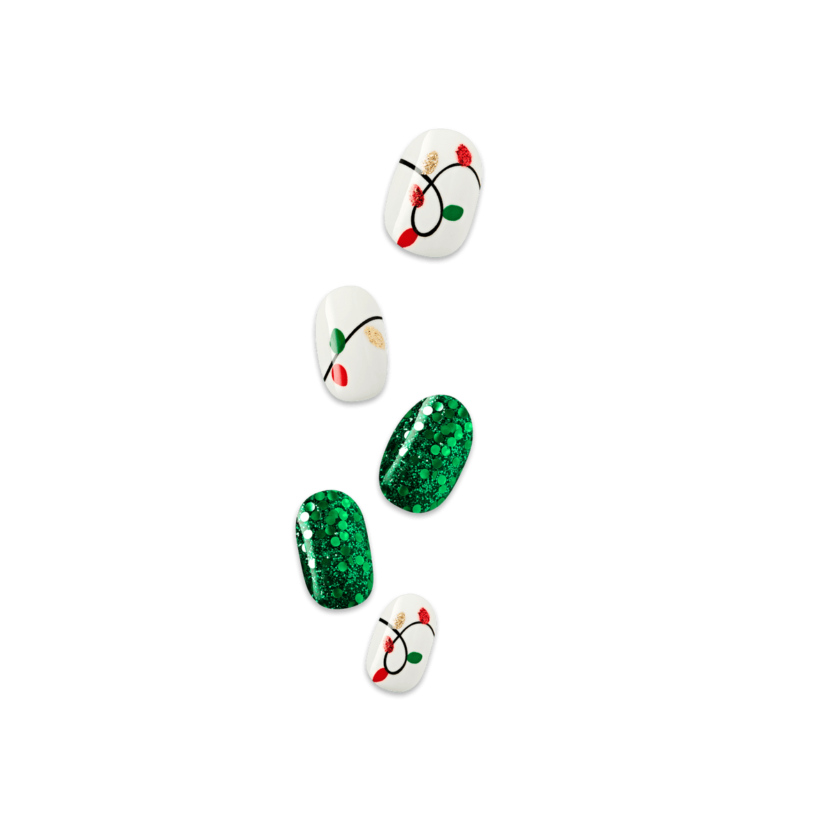 Impress Design Holiday No Glue Fake Press On Nails - Golden Carol | Design, Green & White, Short, Oval, Manicure
