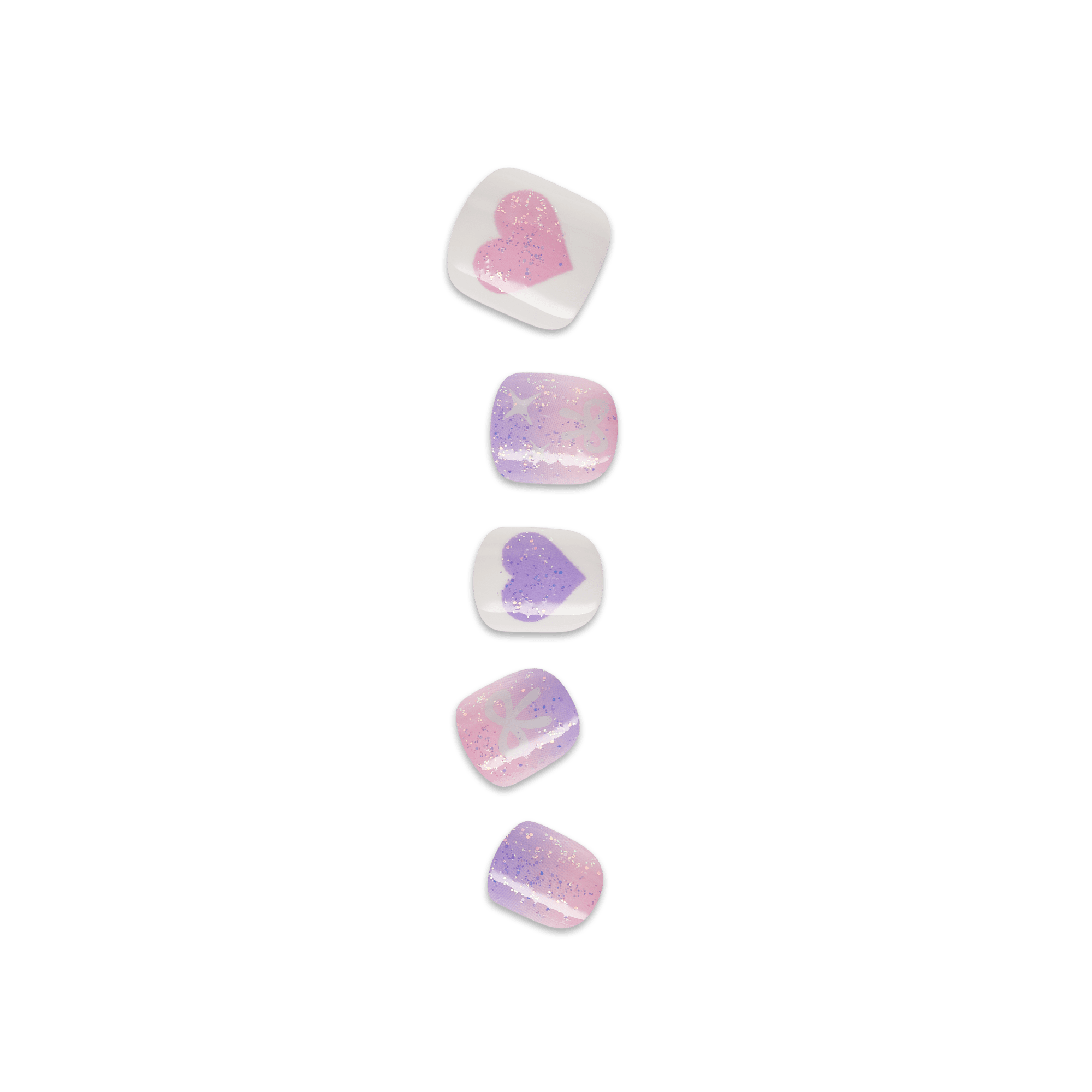 Five heart-shaped glitter soap bars in pink and purple gradient colors