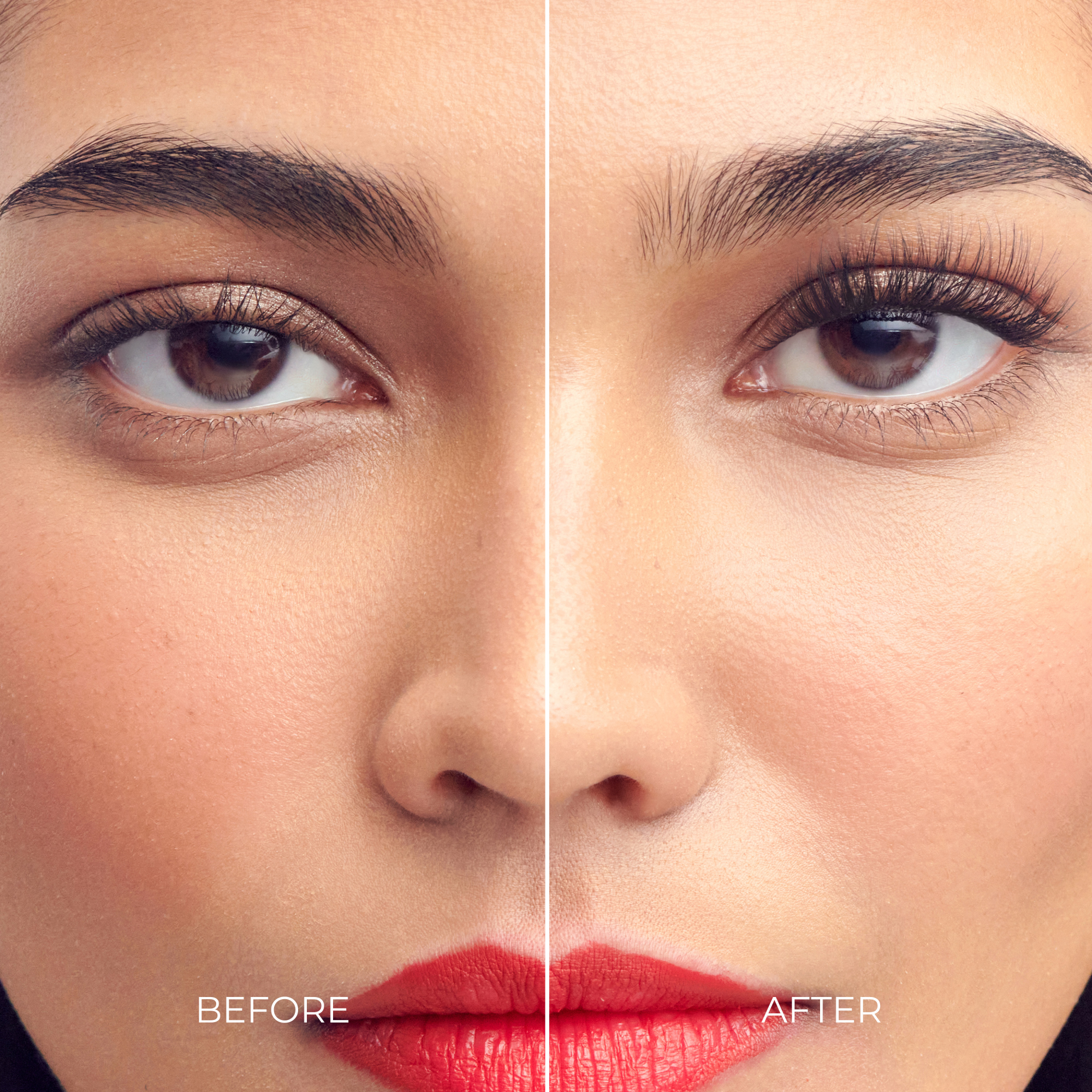 Before and after skincare treatment showing reduced under-eye shadows and improved skin texture.