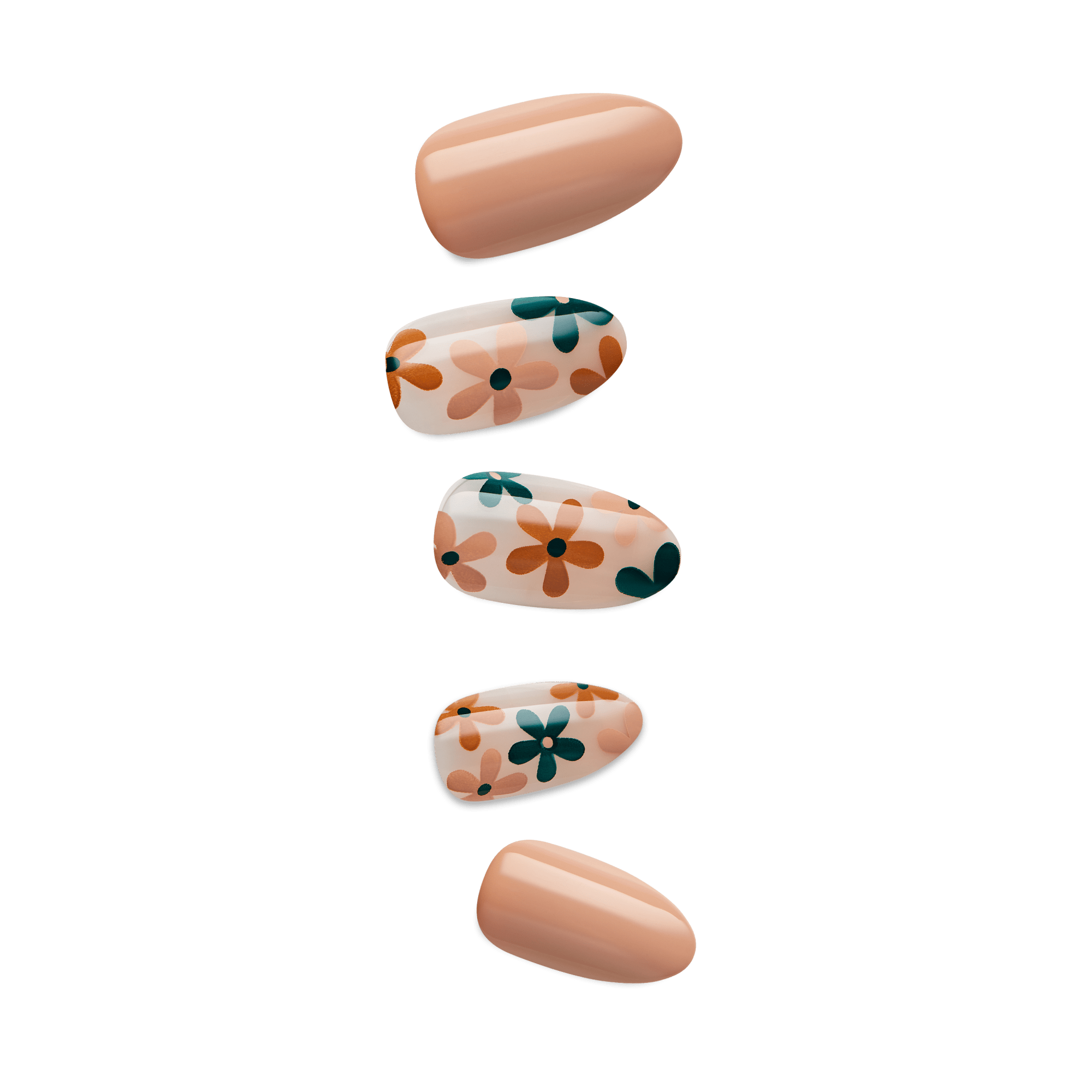 Five press-on nails arranged vertically, featuring glossy nude solid color and white nails with retro orange and teal flower designs.