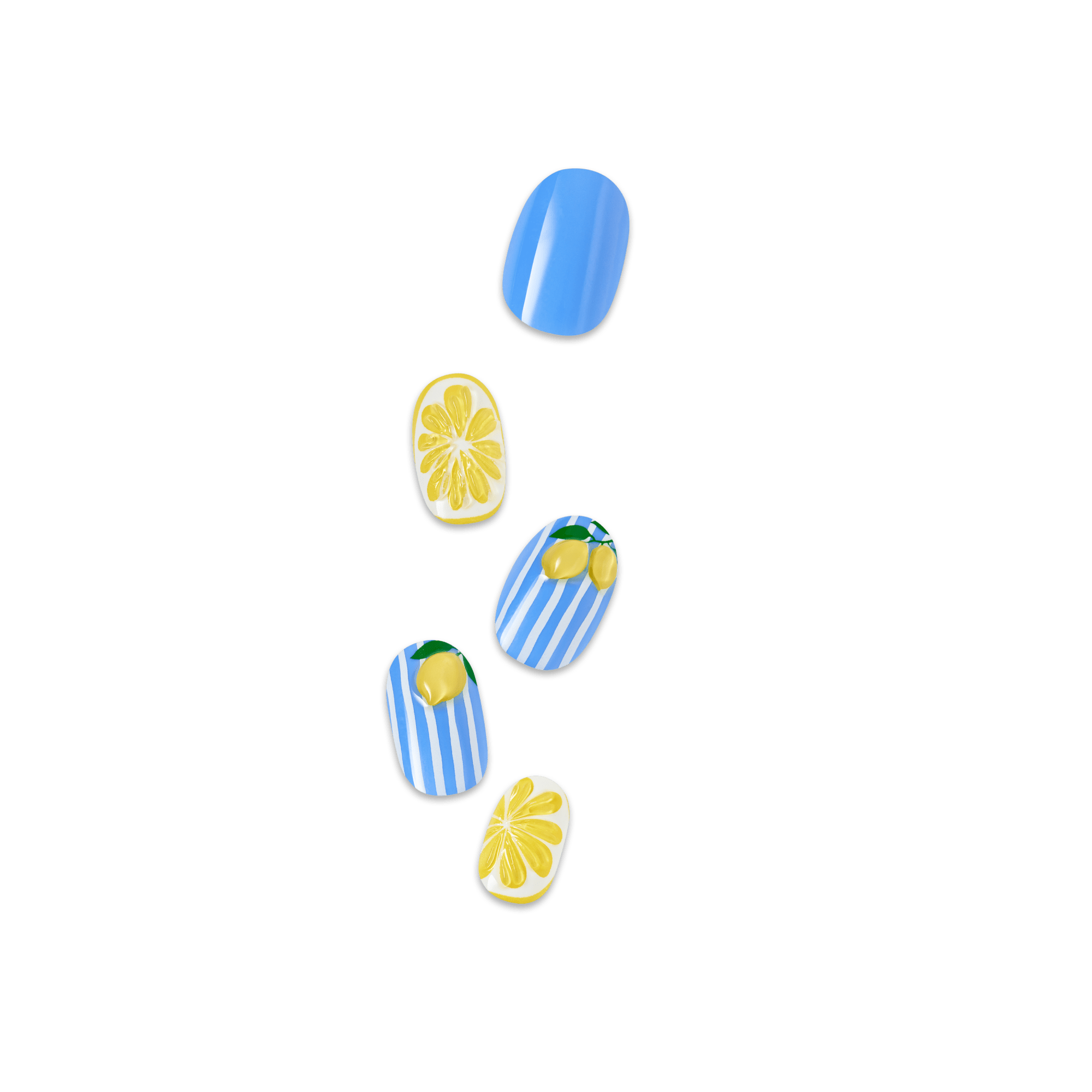 impress nails featuring blue and yellow designs with lemons and stripes on a clear background