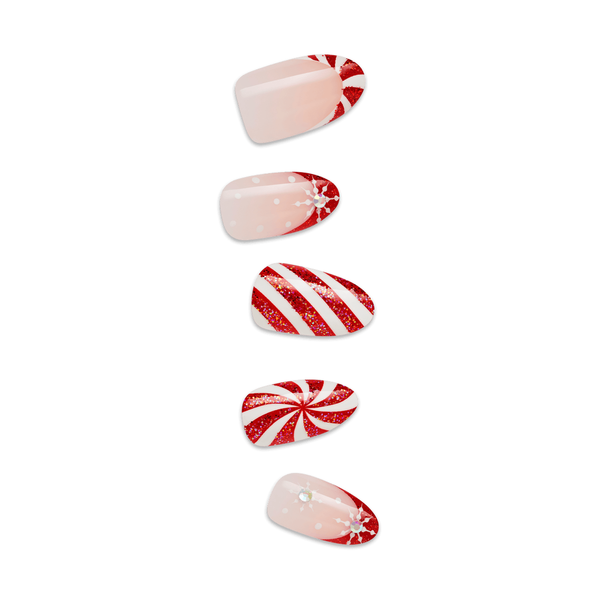 Impress Design Holiday No Glue Fake Press On Nails - Jingle Glow | French Design, Red & White, Medium, Almond, Manicure