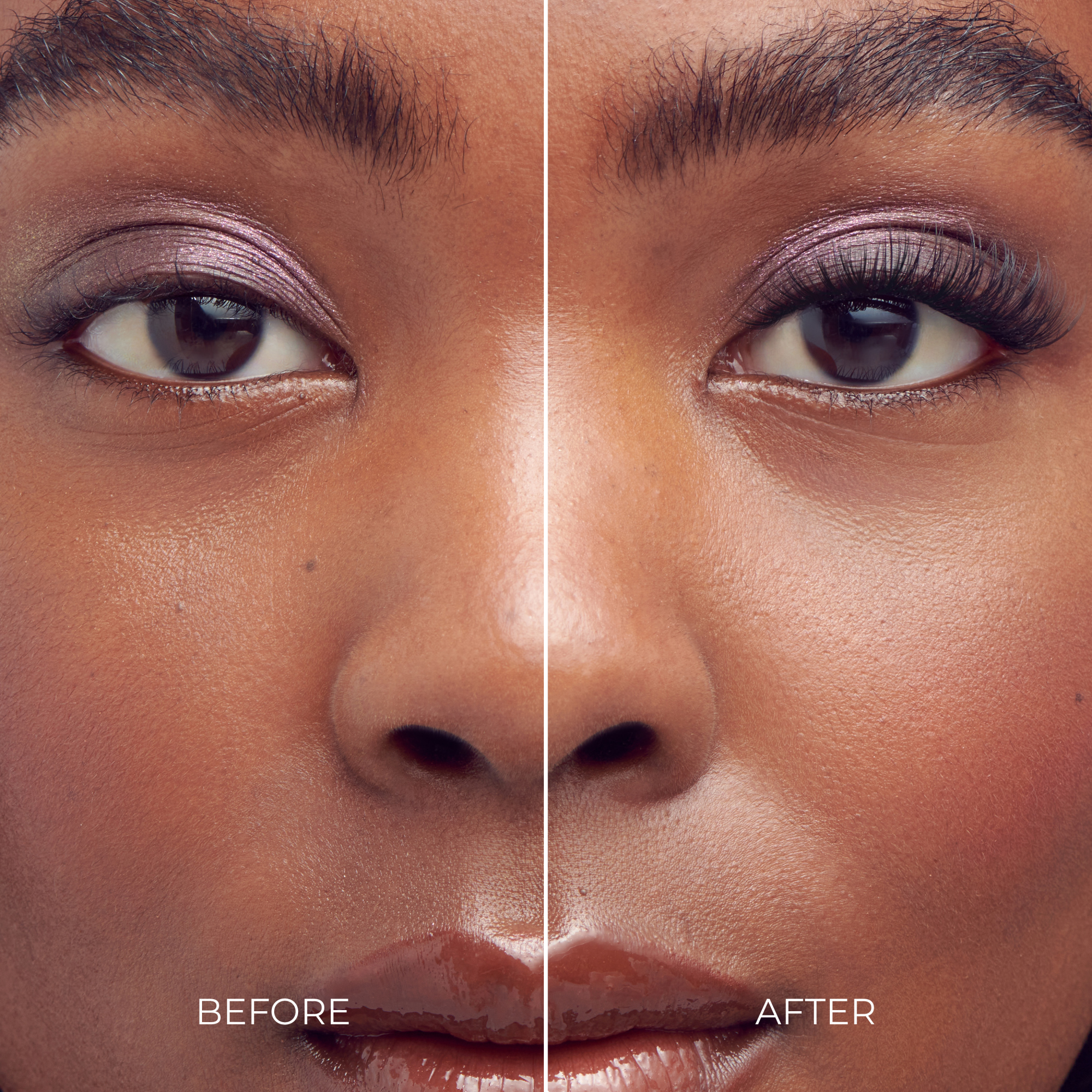 Before and after comparison of eye makeup application showing enhanced lashes and eyeshadow.