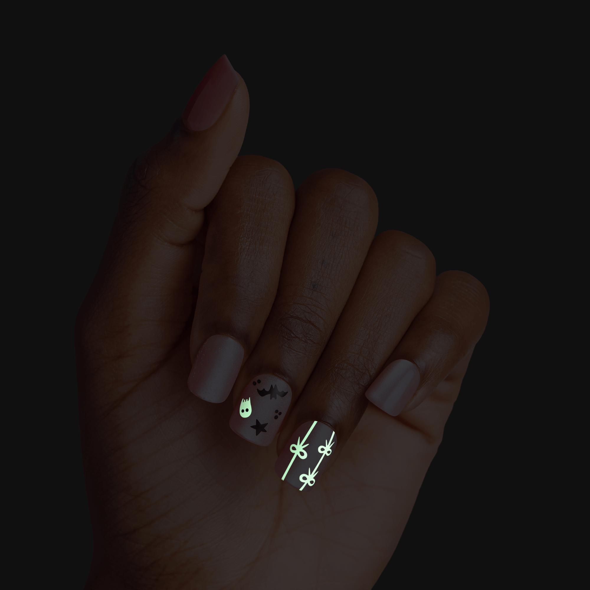 Impress Design Halloween No Glue Fake Press On Nails - Broom & Bloom | Design, Pink, Short, Squoval, Glow In The Dark, Manicure