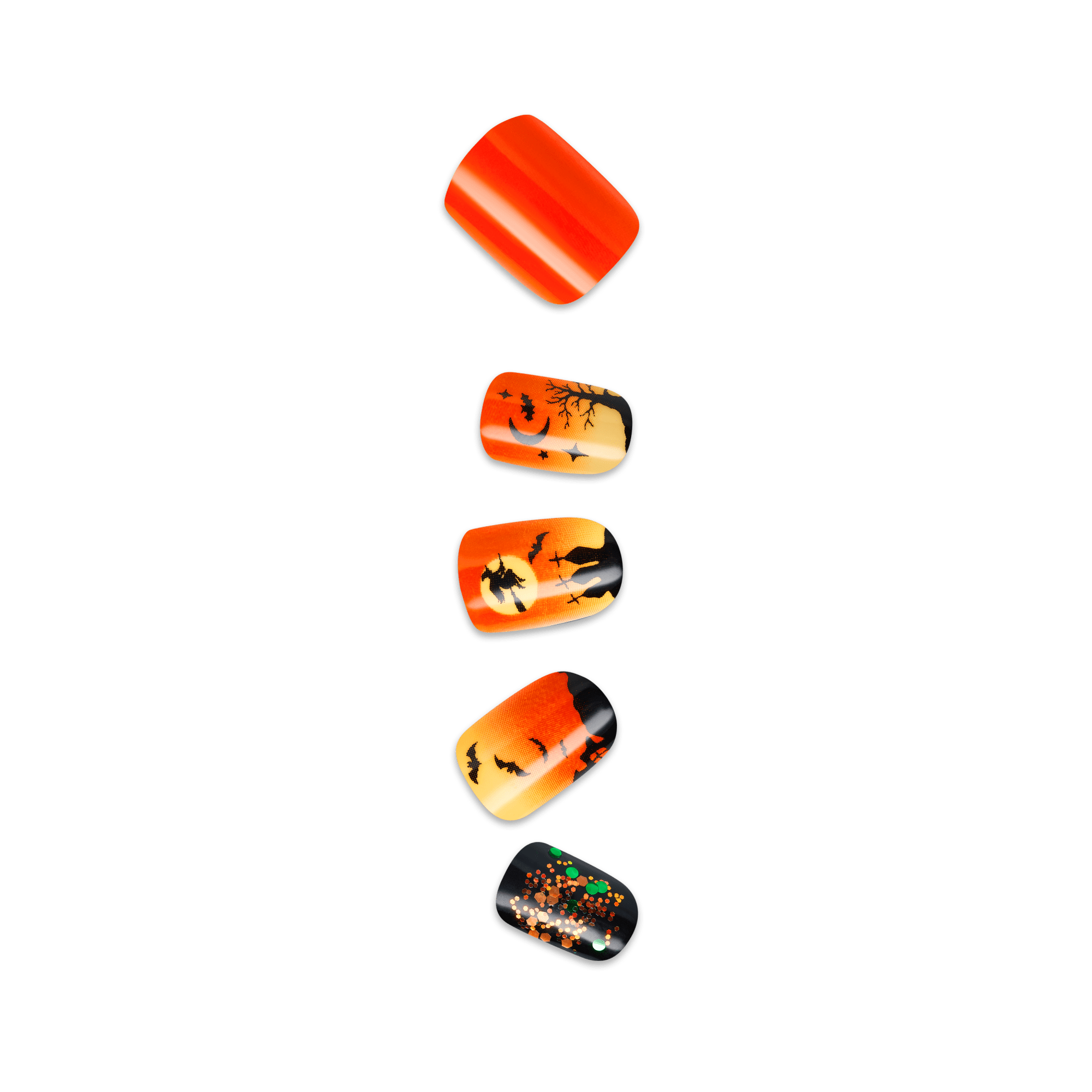 Impress Design Halloween No Glue Fake Press On Nails - Eternal Night | Design, Orange & Black, Short, Squoval, Glow In The Dark, Manicure