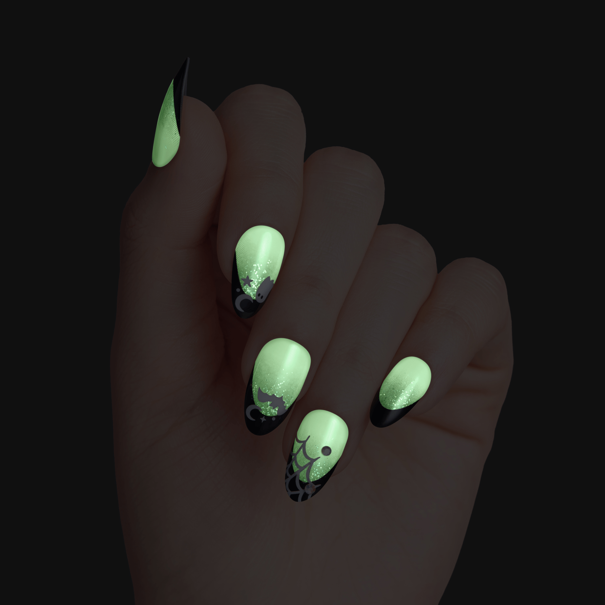 Impress Design Halloween No Glue Fake Press On Nails - Boo Proof | French Design, Black, Medium, Almond, Glow In The Dark, Manicure