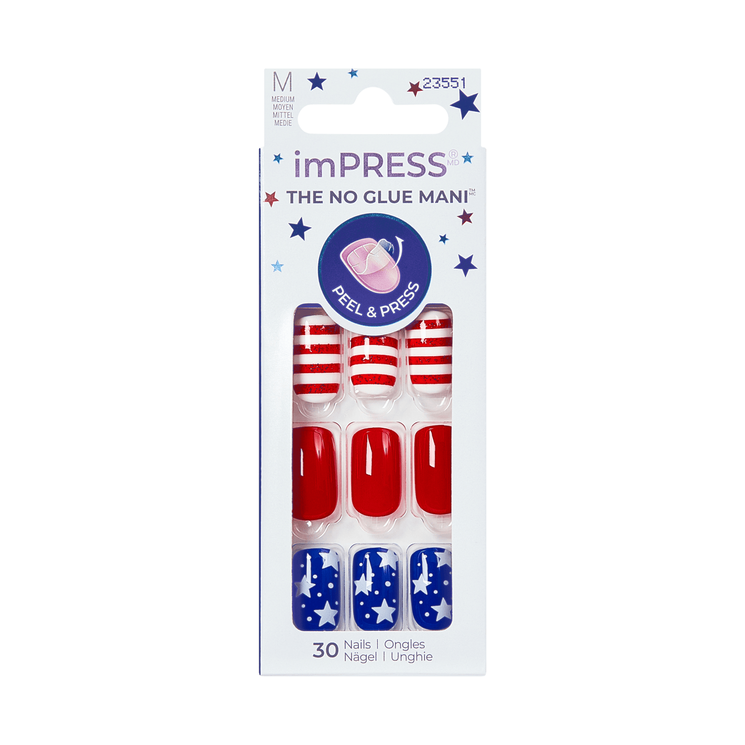 Packaging of imPRESS nail art with American flag design