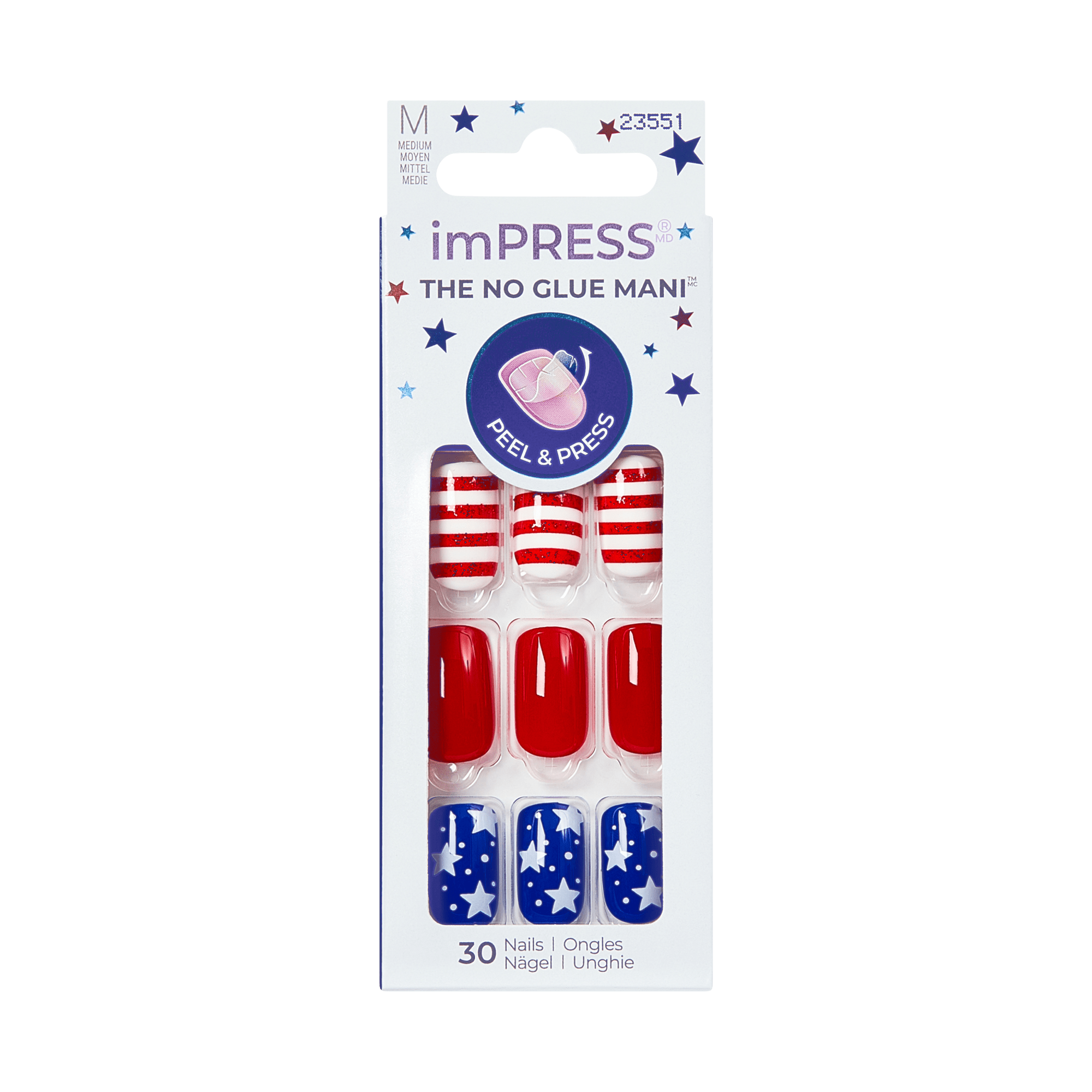 Packaging of imPRESS nail art with American flag design