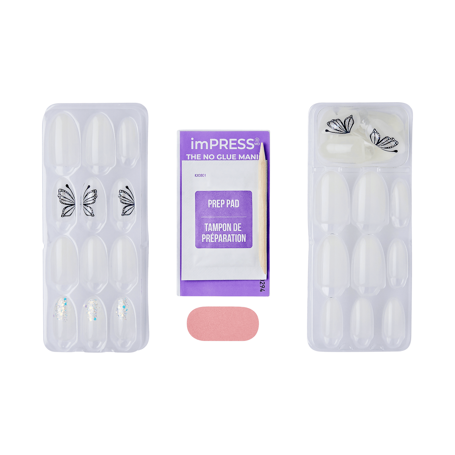 The image features a nail kit that includes a set of press-on nails. The kit is divided into two sections: one side contains clear nails with decorative designs, including butterfly motifs and some with embellishments. The other side holds additional clear nails. In the center, there is a prep pad for nail preparation, and a small pink item, likely a nail file or buffer. The packaging is branded with "imPRESS" and emphasizes that no glue is needed for application.