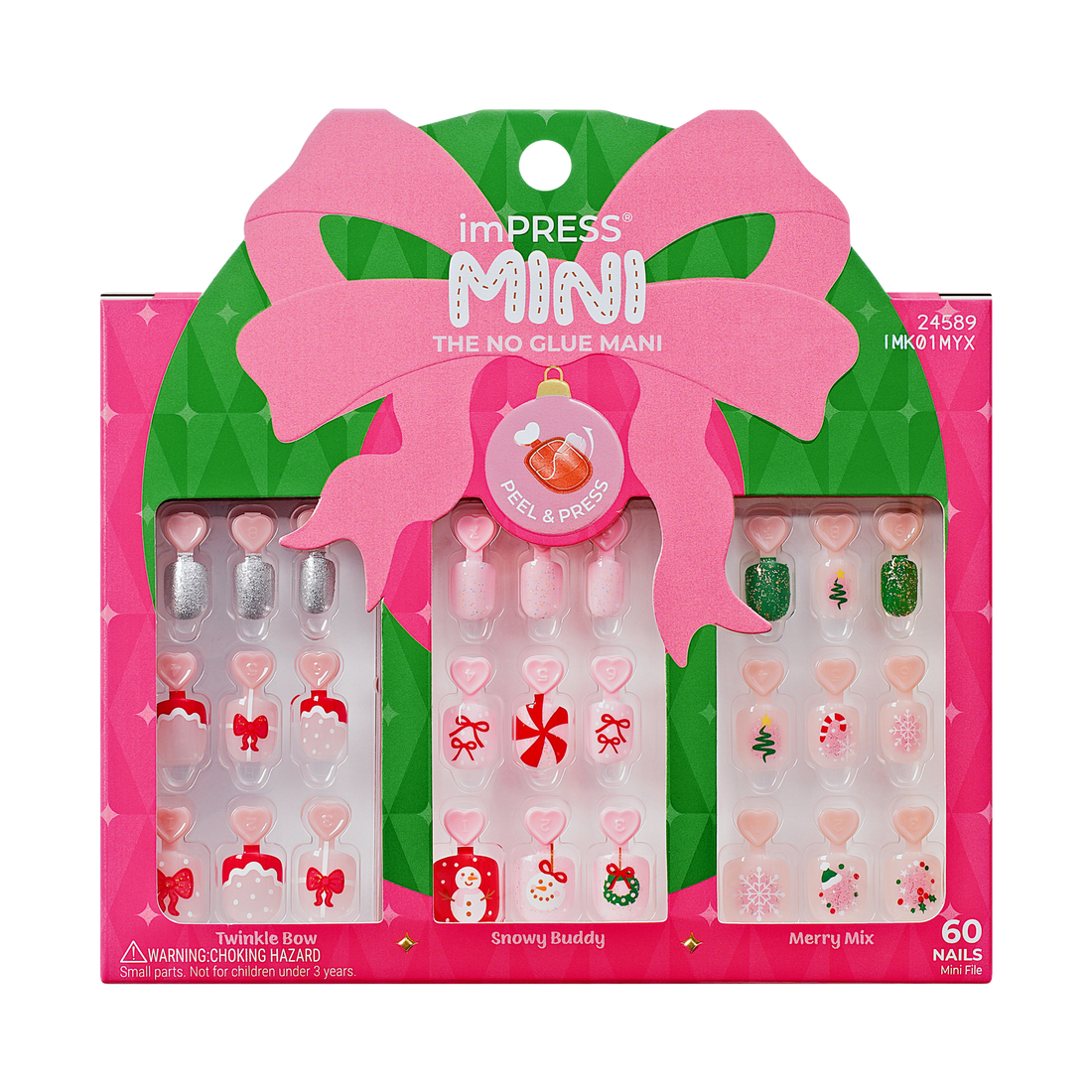 Impress Kids Holiday No Glue Fake Press On Nails - Jingle Joy Gift Set | Design, Pink &amp; Red, Kids, Squoval, 3 Manicure Sets Included
