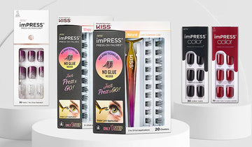 An array of imPRESS Beauty products including press on nails in red, black and imPRESS Falsies press on lashes.