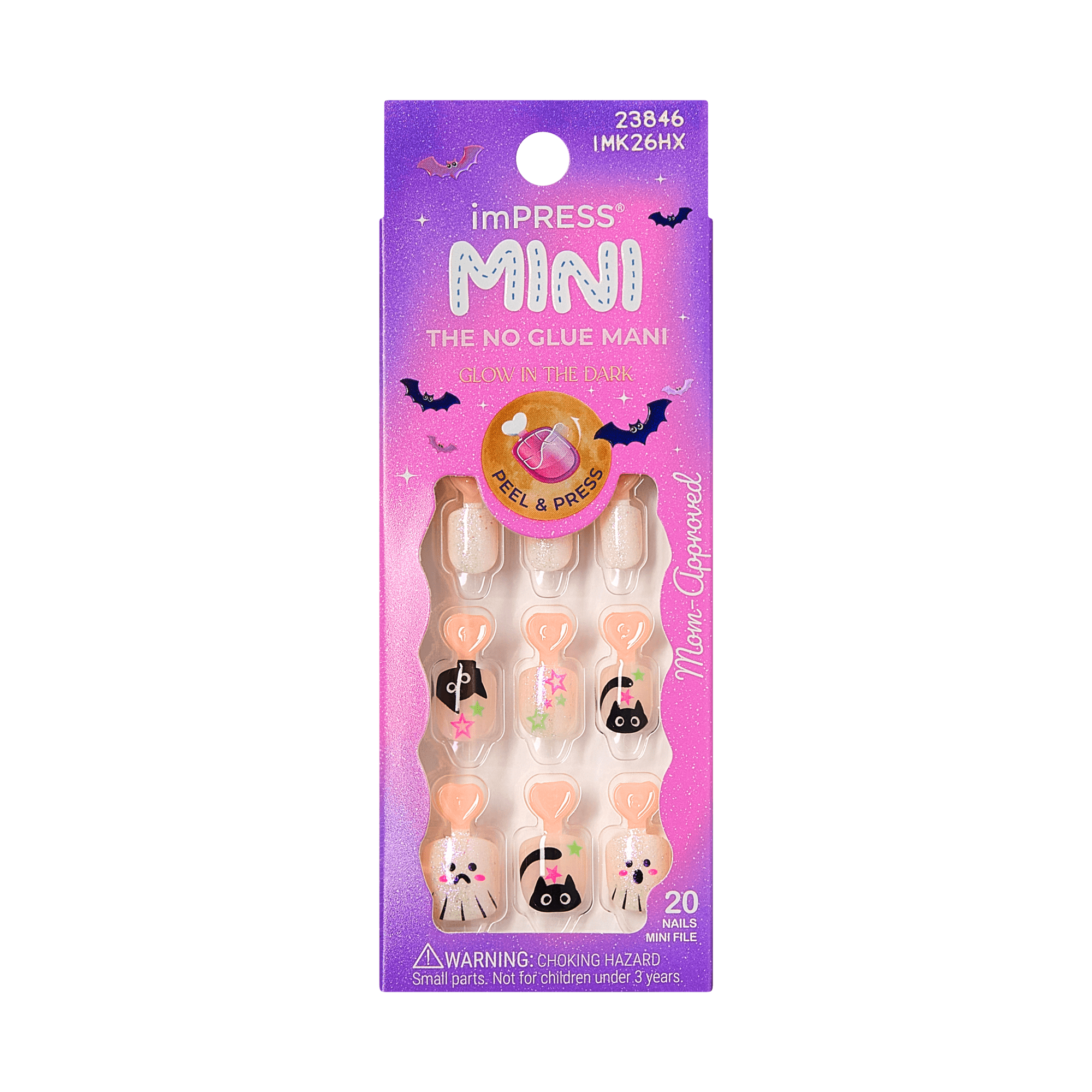 Impress Kids Halloween No Glue Fake Press On Nails - Tricky | Design, White, Kids, Squoval, Glow In The Dark, Manicure