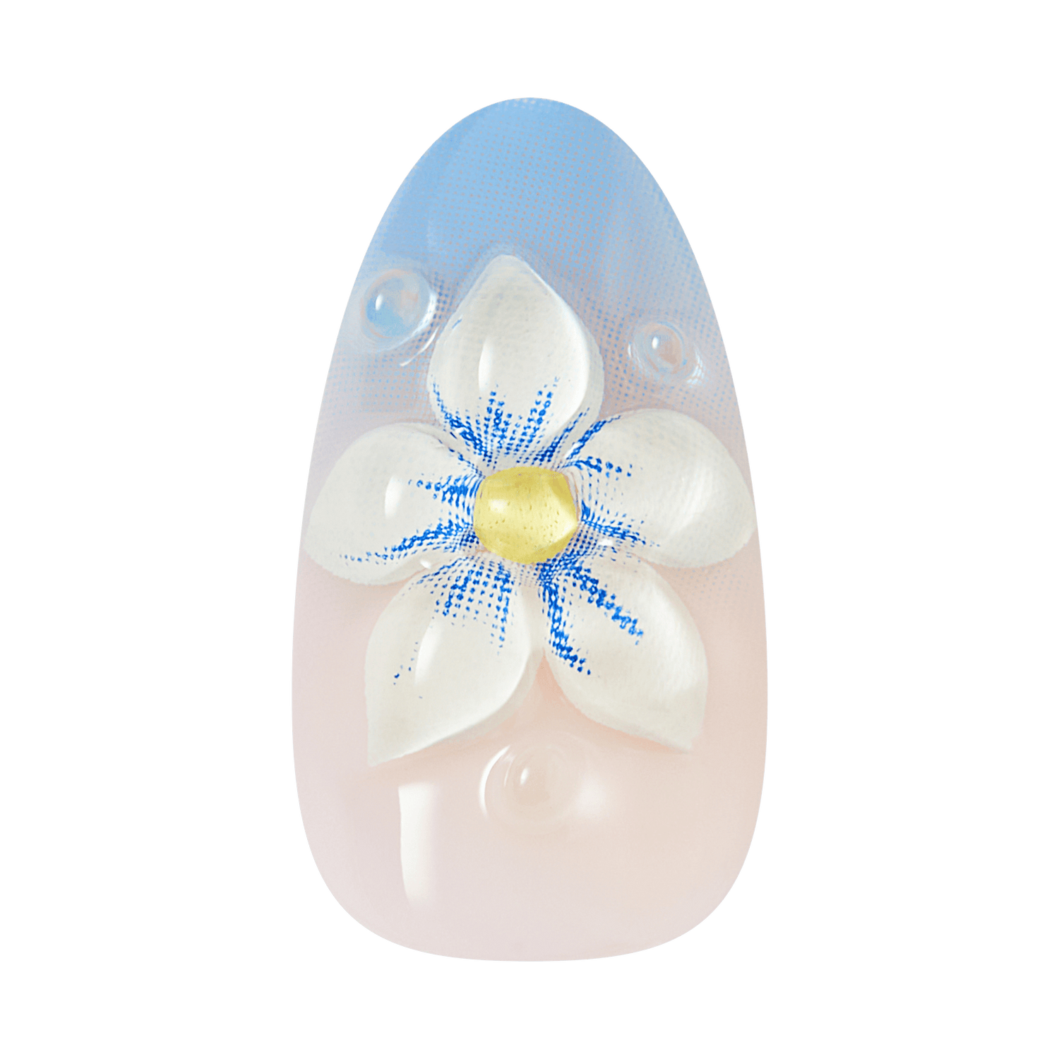 Nail art design with a white flower and blue accents on a clear background