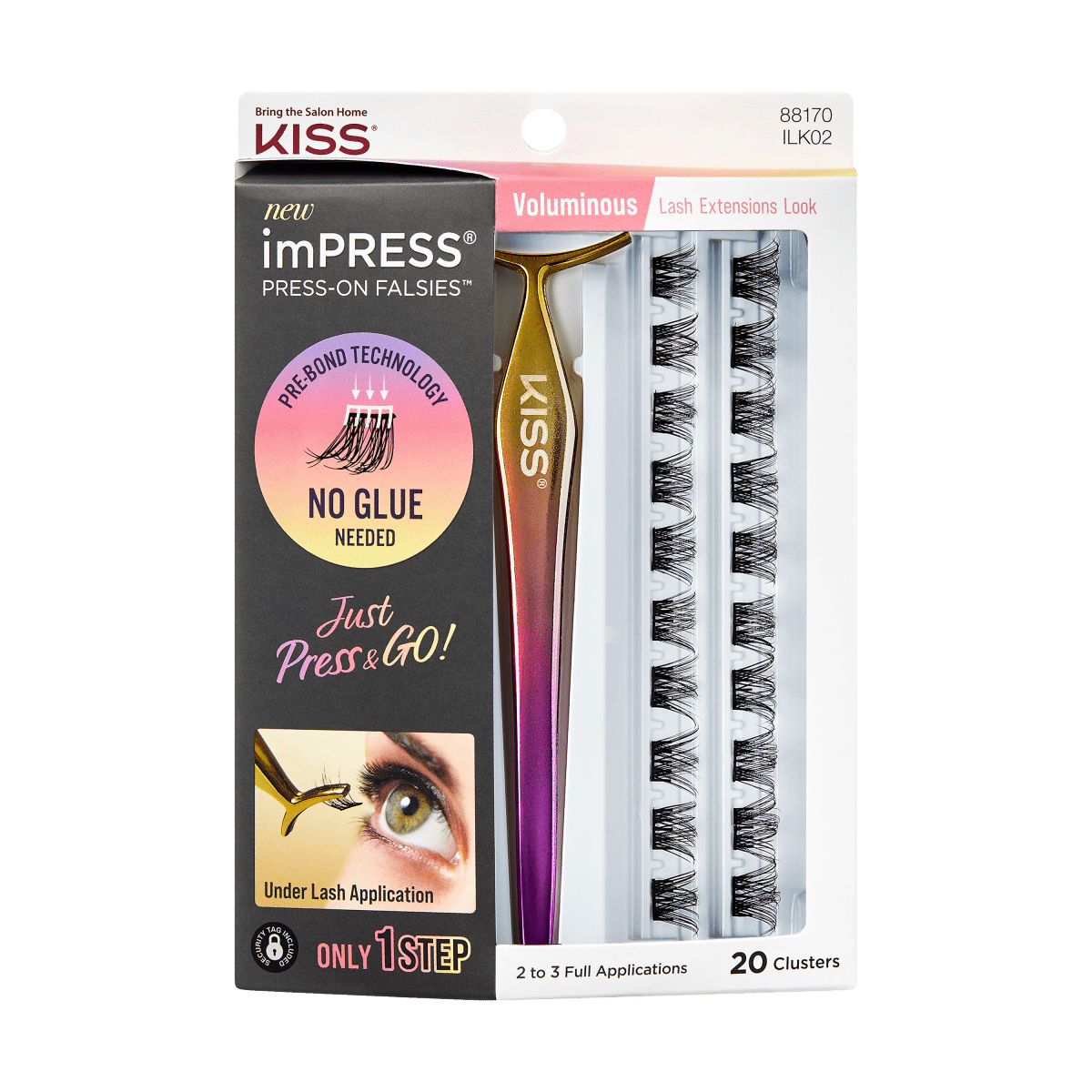 This packaging contains a set of imPRESS Beauty Falsies press on lashes kit for easy application with no glue needed.