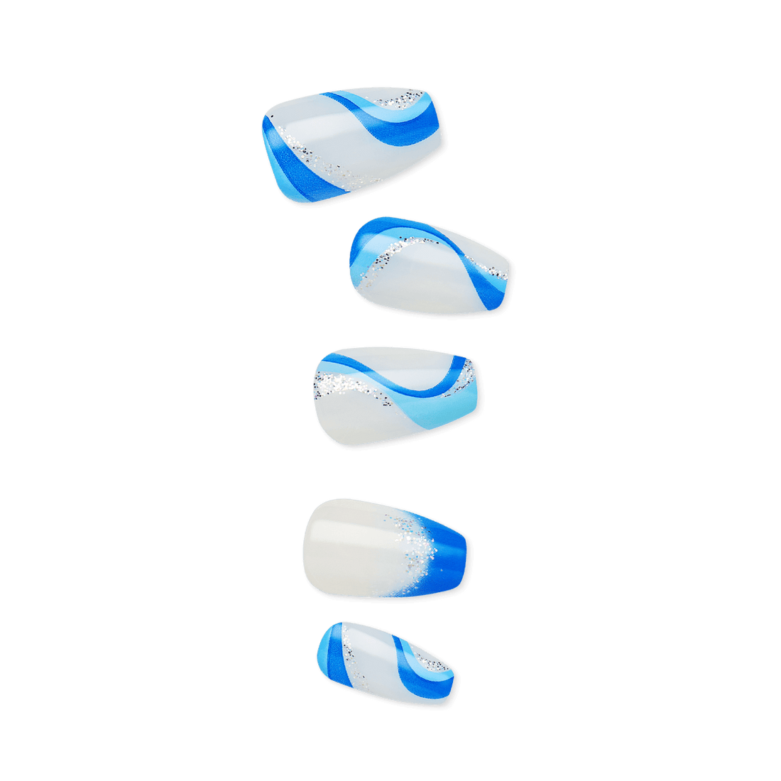 Five blue and white nail polish swatches with glitter accents, arranged vertically.