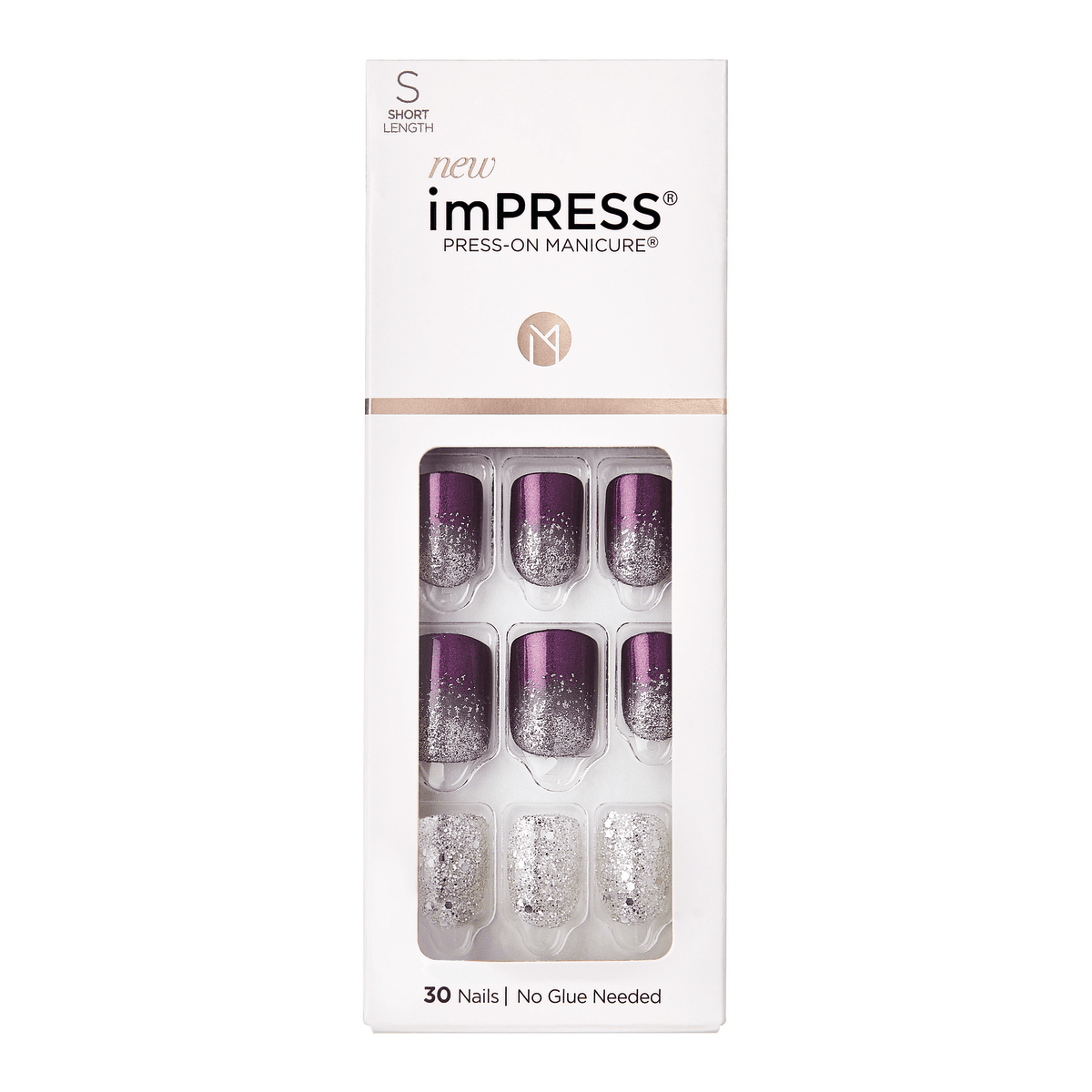imPRESS Press-On Manicure Short Length nails in purple and silver glitter design, 30 nails, no glue needed