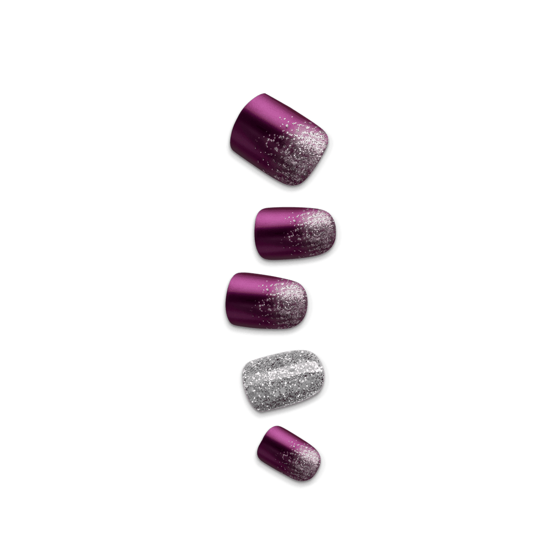 Five press-on nails in purple and silver glitter ombre design.