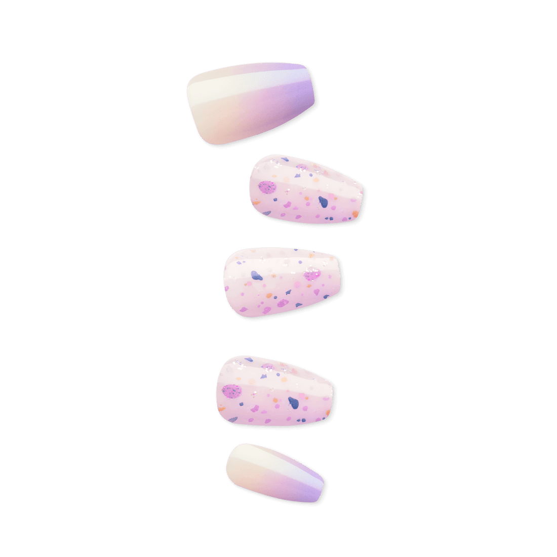 Five pastel pink and purple gradient nail polish swatches with speckled designs