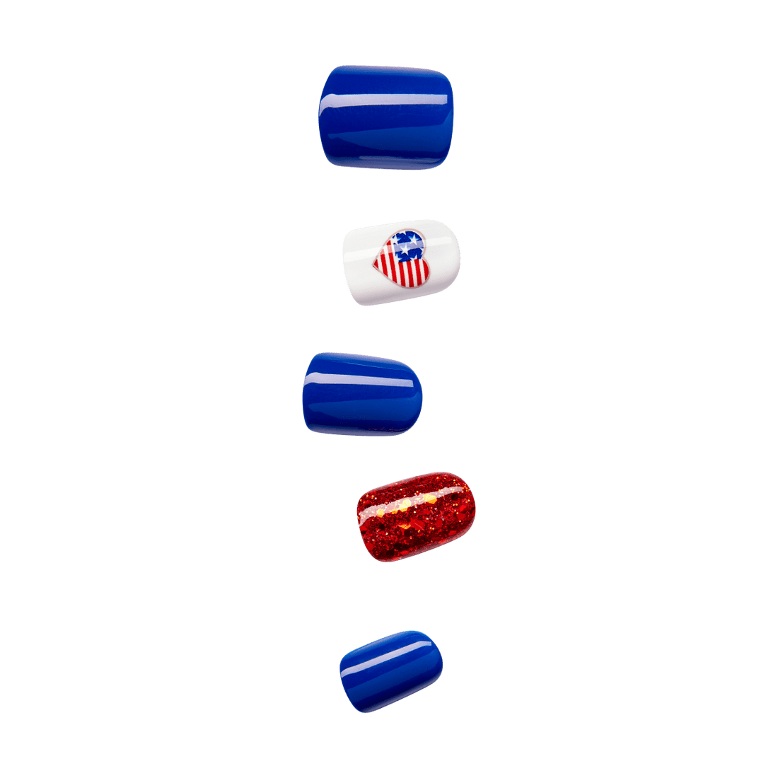 imPRESS nails in squoval shapes featuring various fourth of July colors and flag designs
