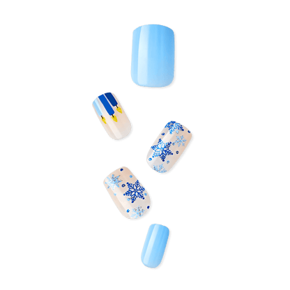 A display of 5 imPRESS nails in varying blue and white designs for Hannukah, including snowflakes and candles